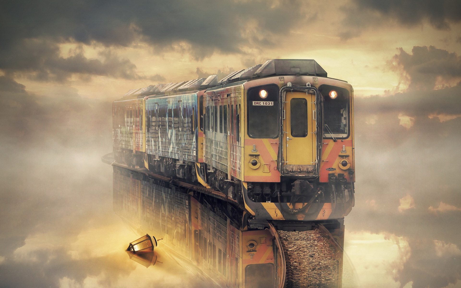 manipulation, reflection, train, water, cloud, photography, fantasy lock screen backgrounds