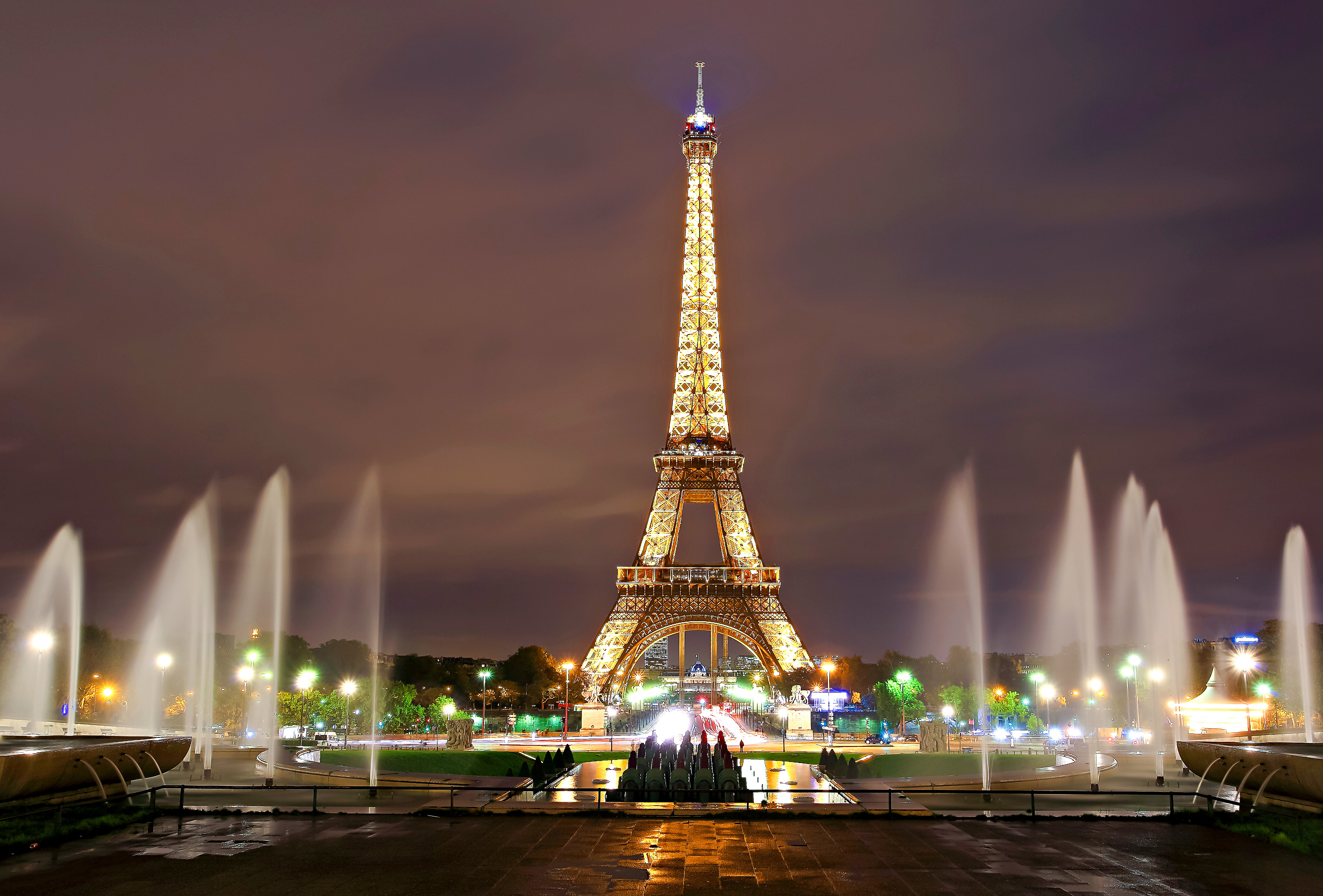 man made, eiffel tower, fountain, light, night, paris, monuments 1080p