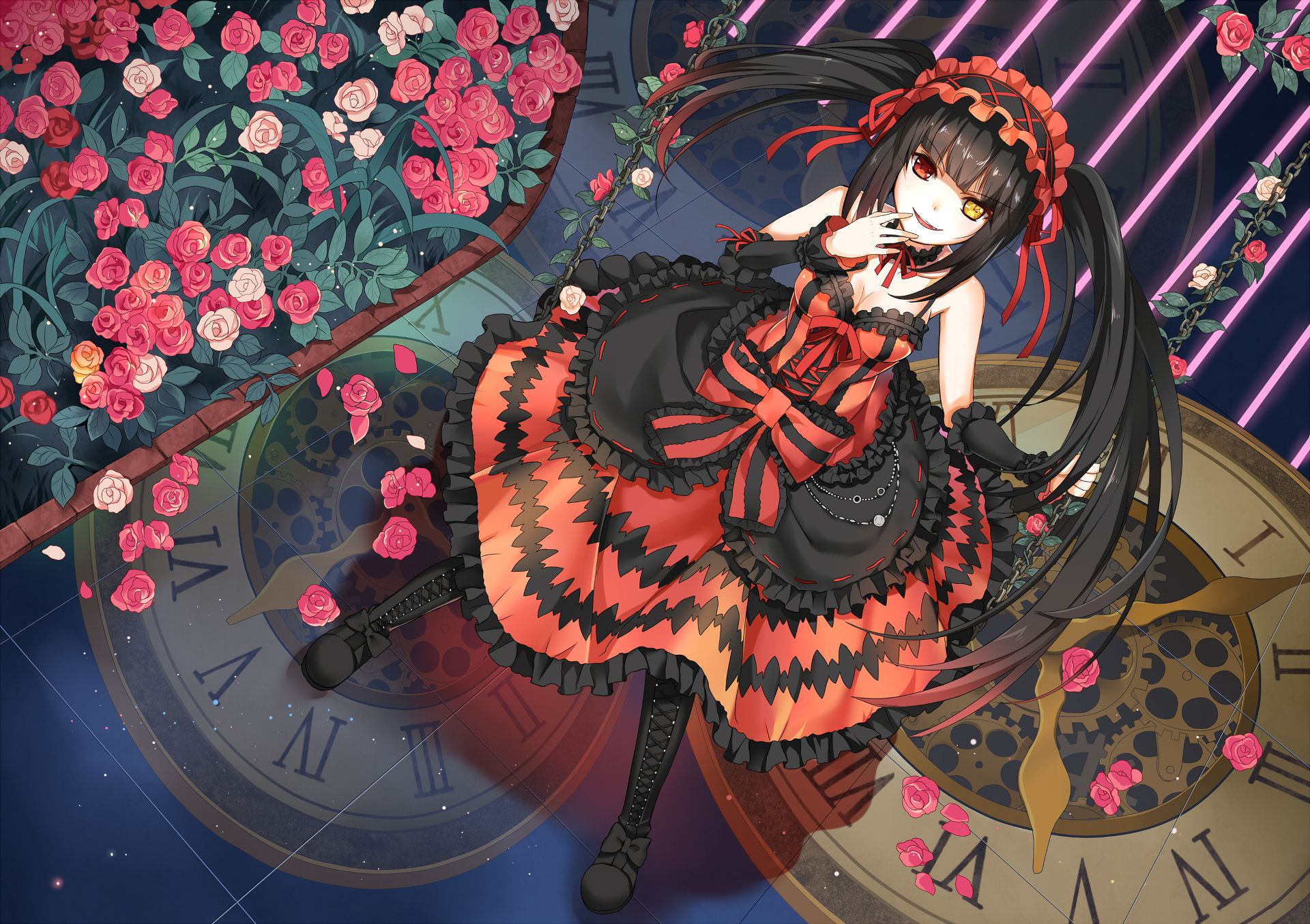 kurumi tokisaki, clock, rose, flower, anime, date a live, black hair, dress, heterochromia, long hair 1080p