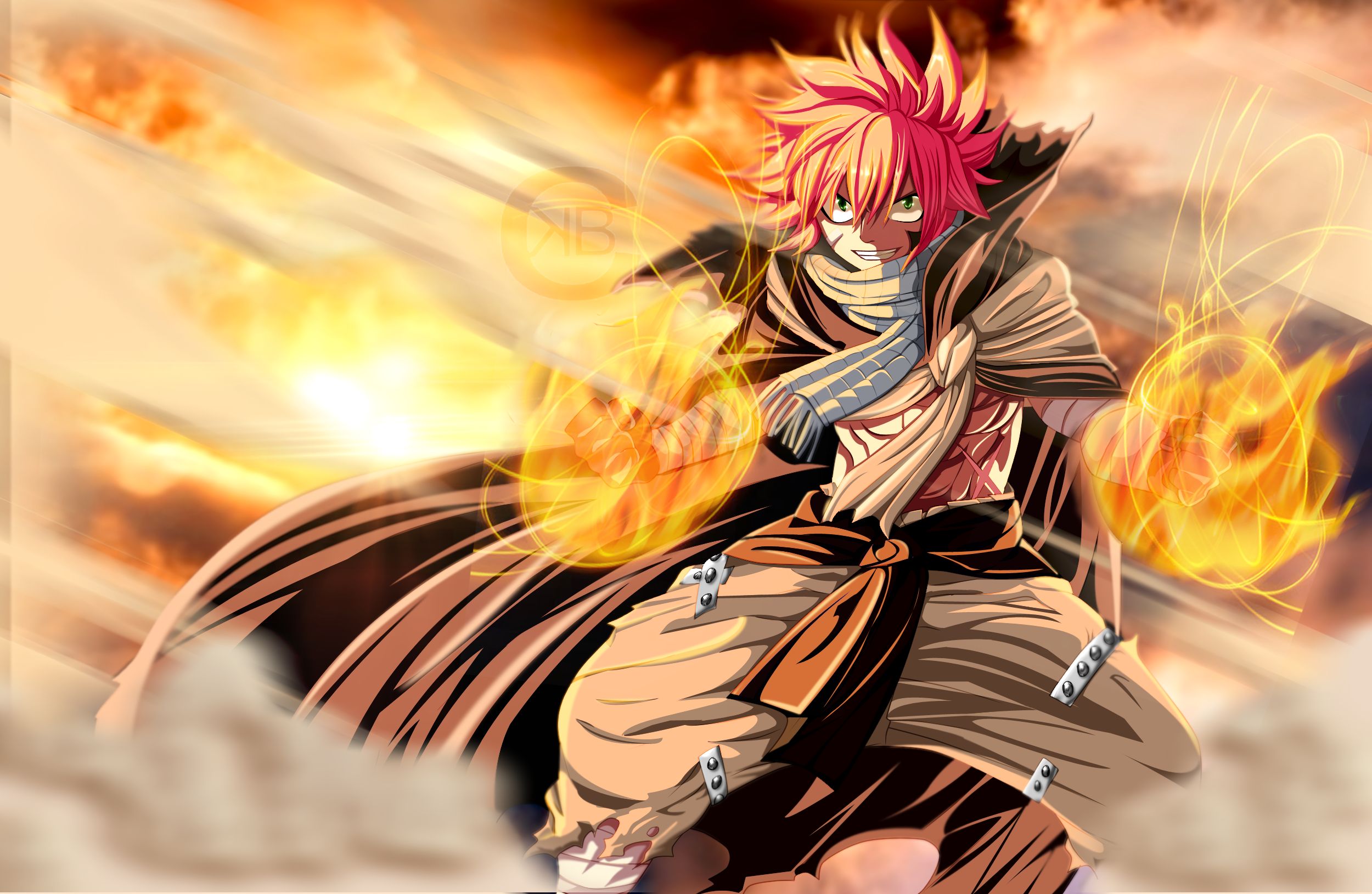 fairy tail, anime, fire, natsu dragneel, scarf Smartphone Background