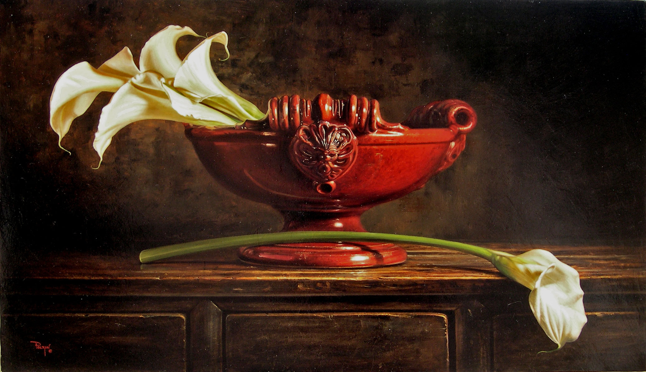 artistic, still life, bowl, calla lily, painting Phone Background