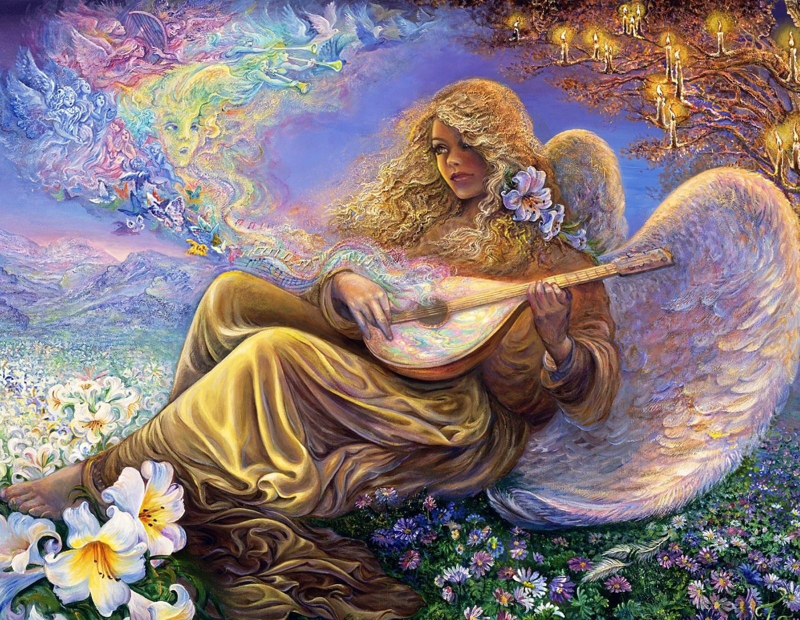 Free download wallpaper Angel, Fantasy, Flowers, Melody, Candles, Girl, Music on your PC desktop