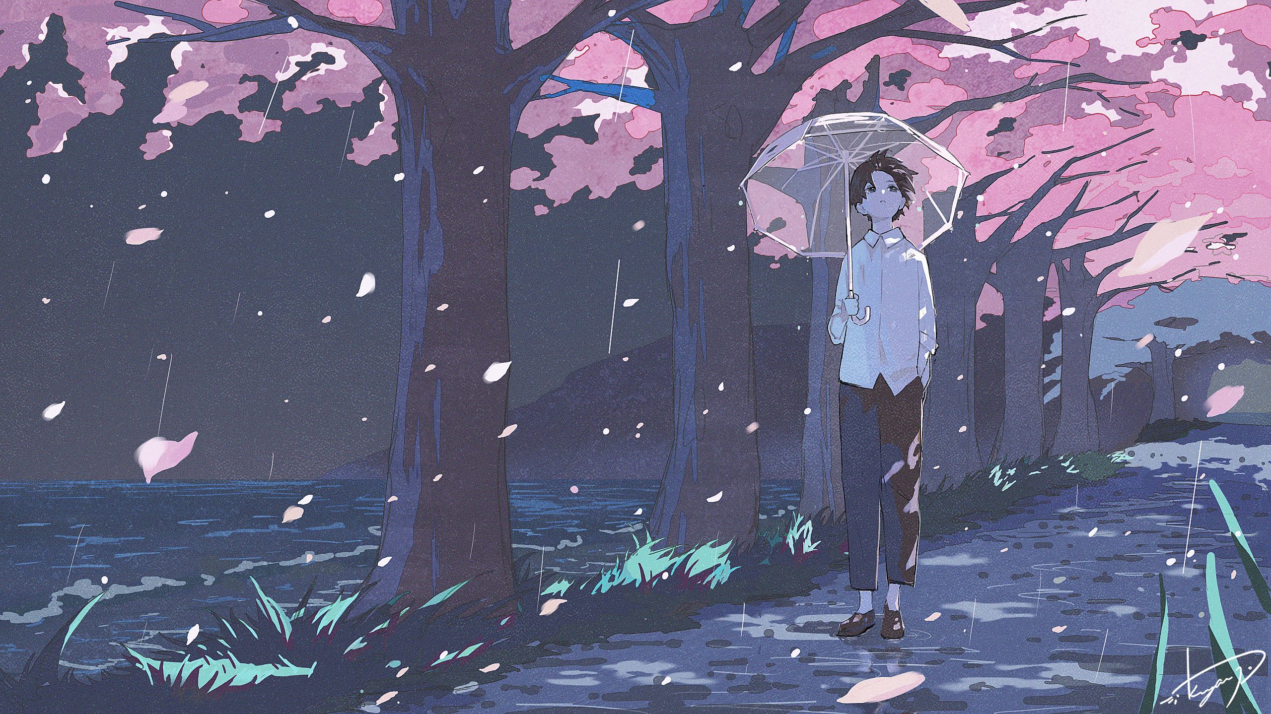 boy, anime, tree lined, umbrella for android
