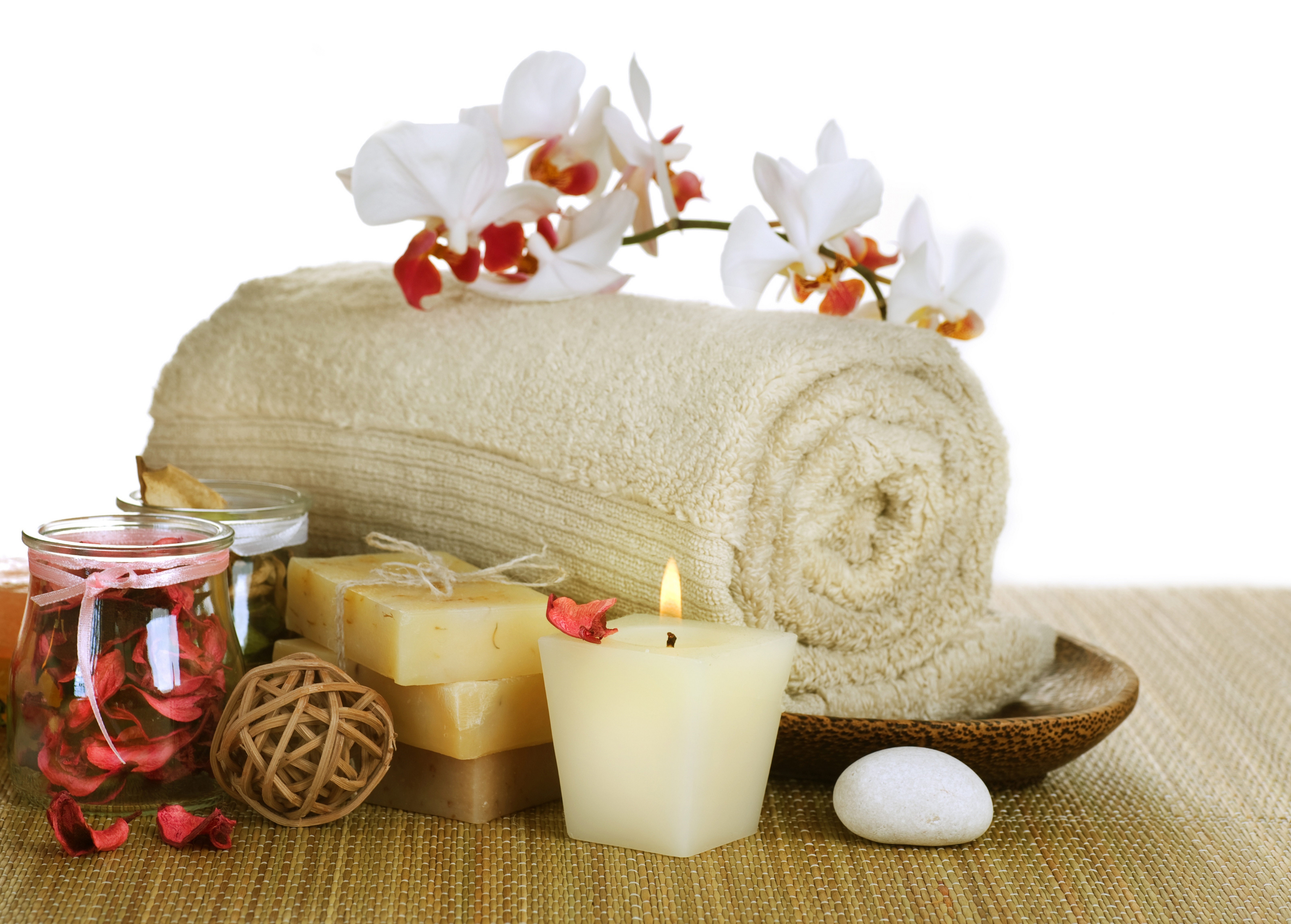 Download mobile wallpaper Candle, Petal, Towel, Orchid, Spa, Man Made, Soap for free.