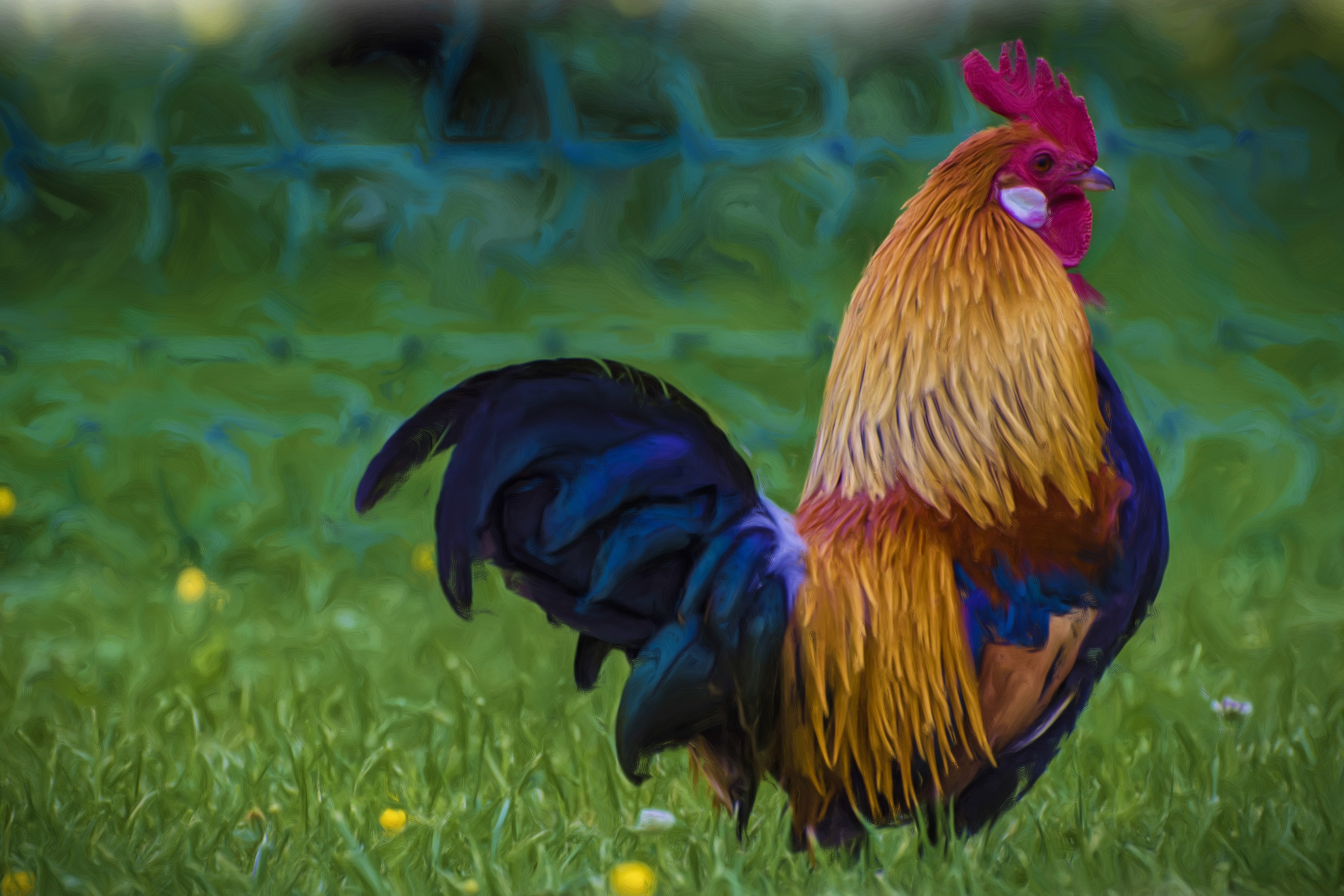 painting, animal, rooster, bird, chicken, oil painting, birds