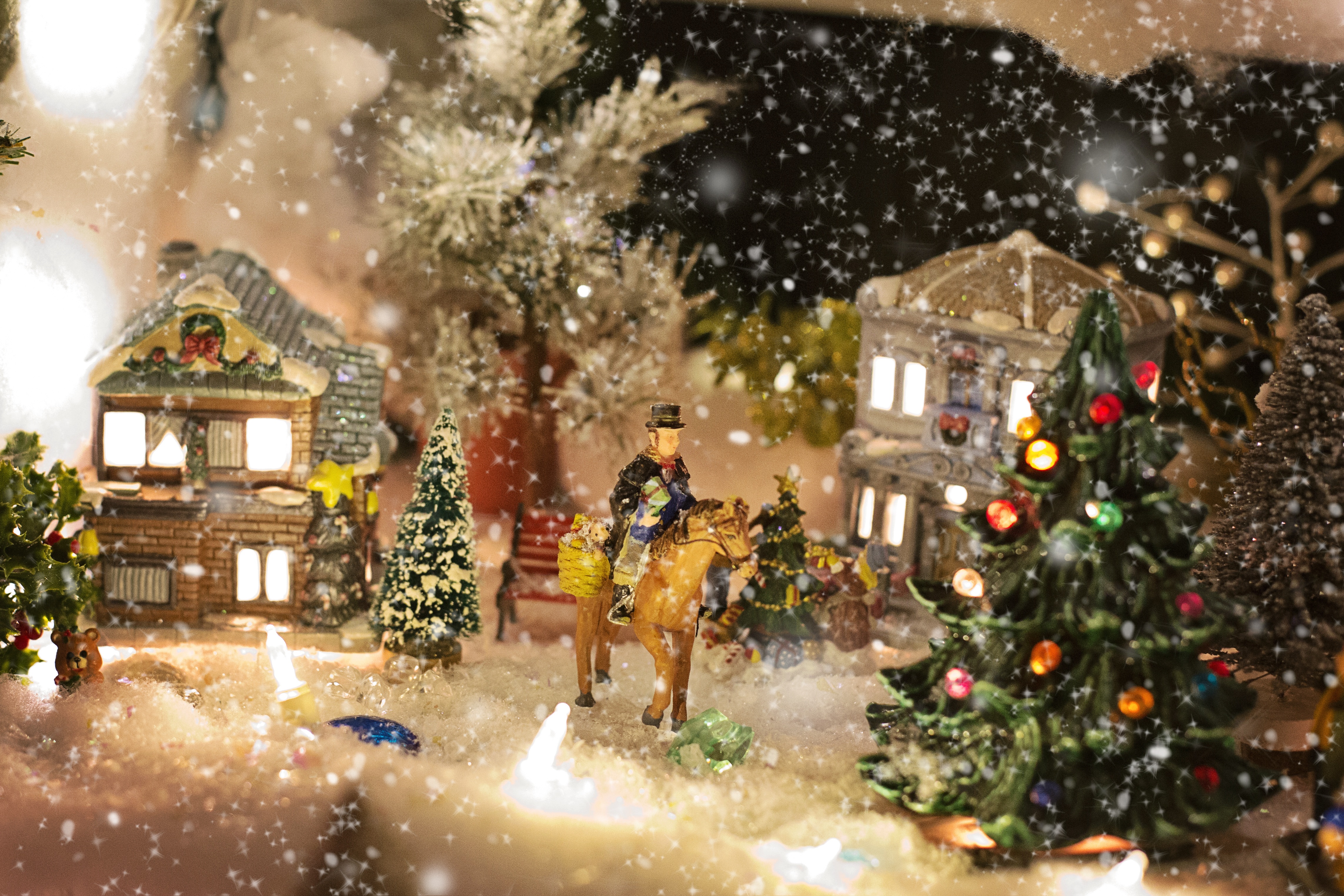 Download mobile wallpaper Snow, Christmas, Holiday, House, Christmas Tree, Horse for free.