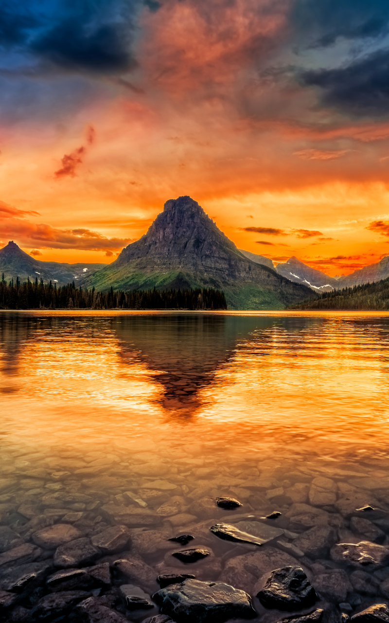 earth, glacier national park, nature, reflection, sunset, usa, mountain, lake, national park