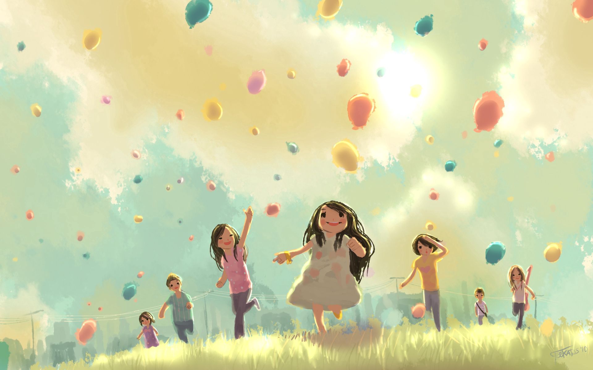 children, art, grass, balloons, holiday, bounce, jump, run, running mobile wallpaper