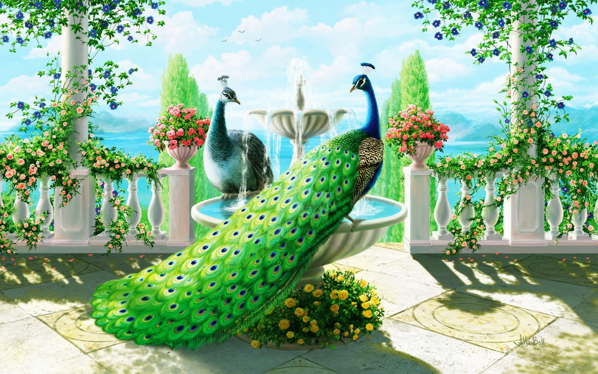 peacock, flower, birds, animal, painting