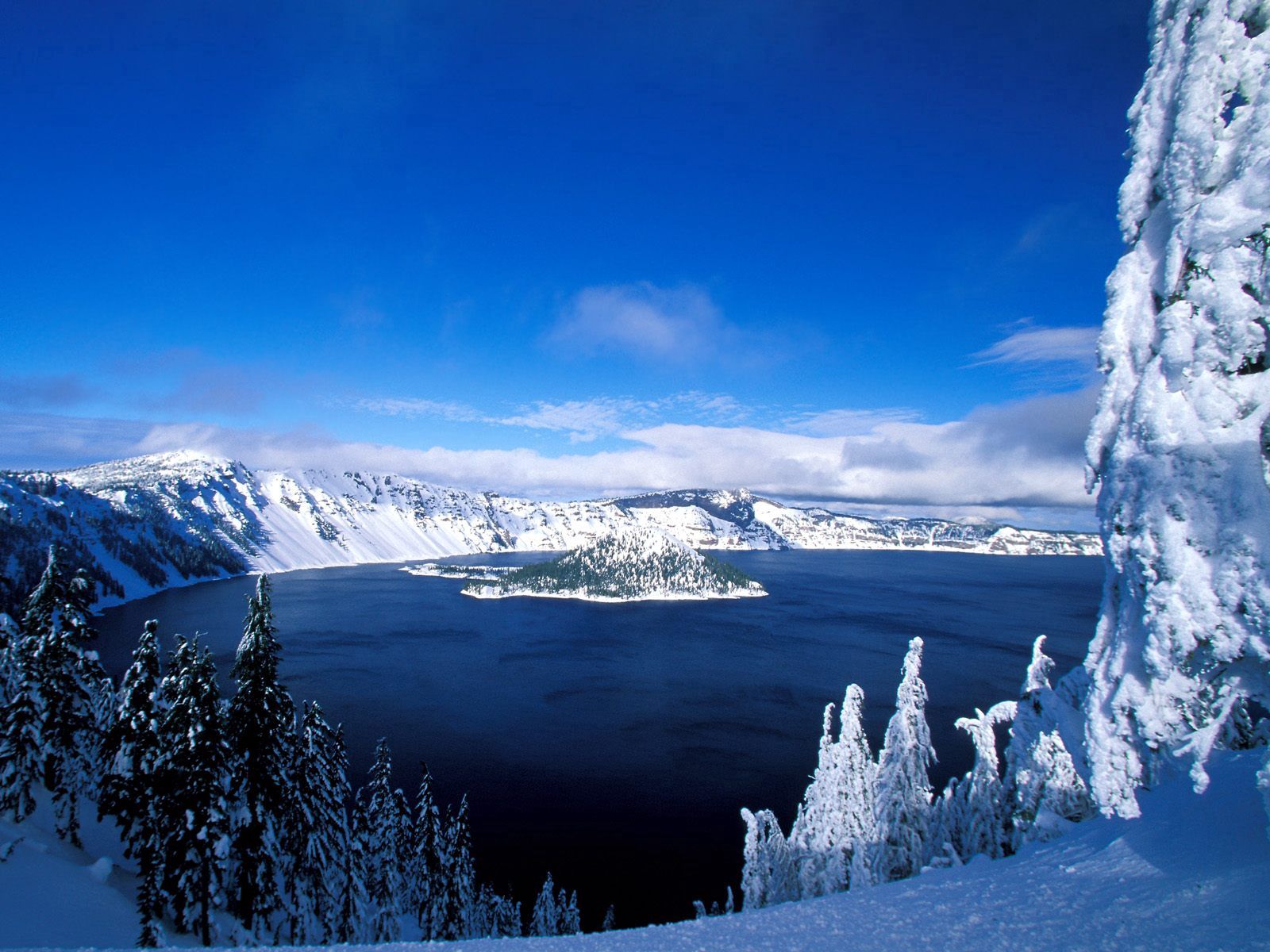 nature, lake, winter, trees, mountains, snow, island Desktop Wallpaper