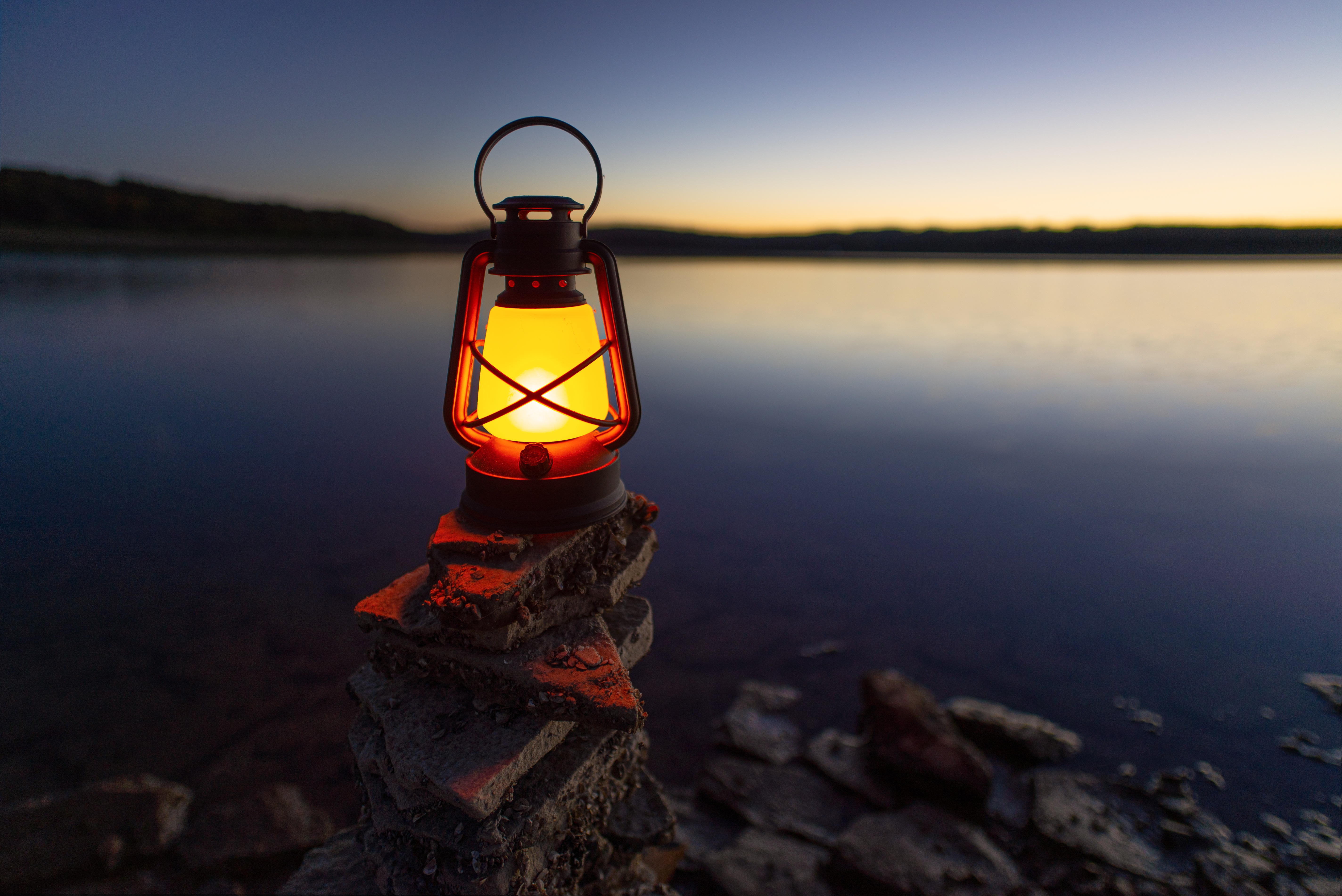 light, dark, lamp, stones, lake, shore, bank, shine, lantern