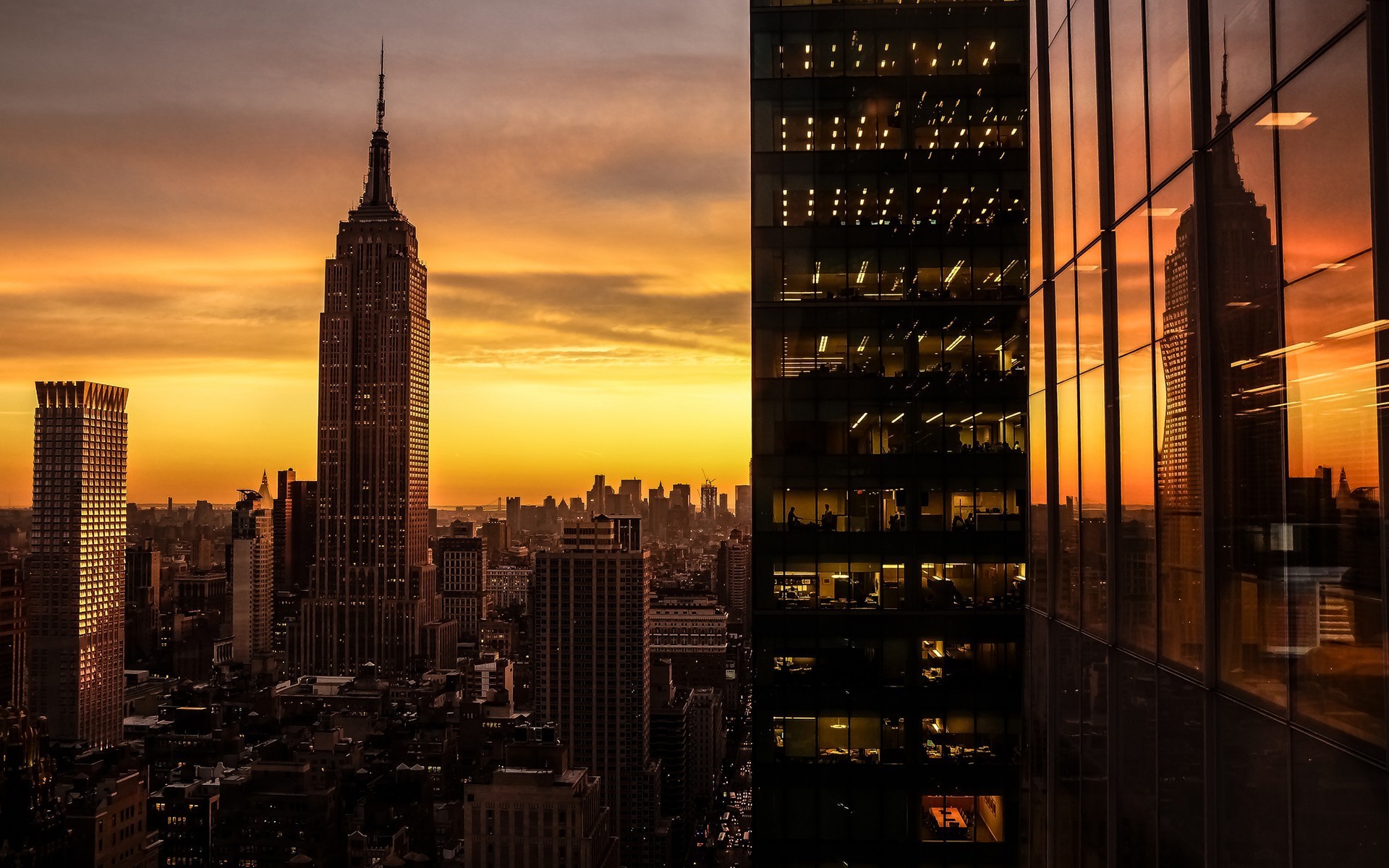 sunset, man made, new york, cityscape, empire state building, reflection, skyscraper, window, cities