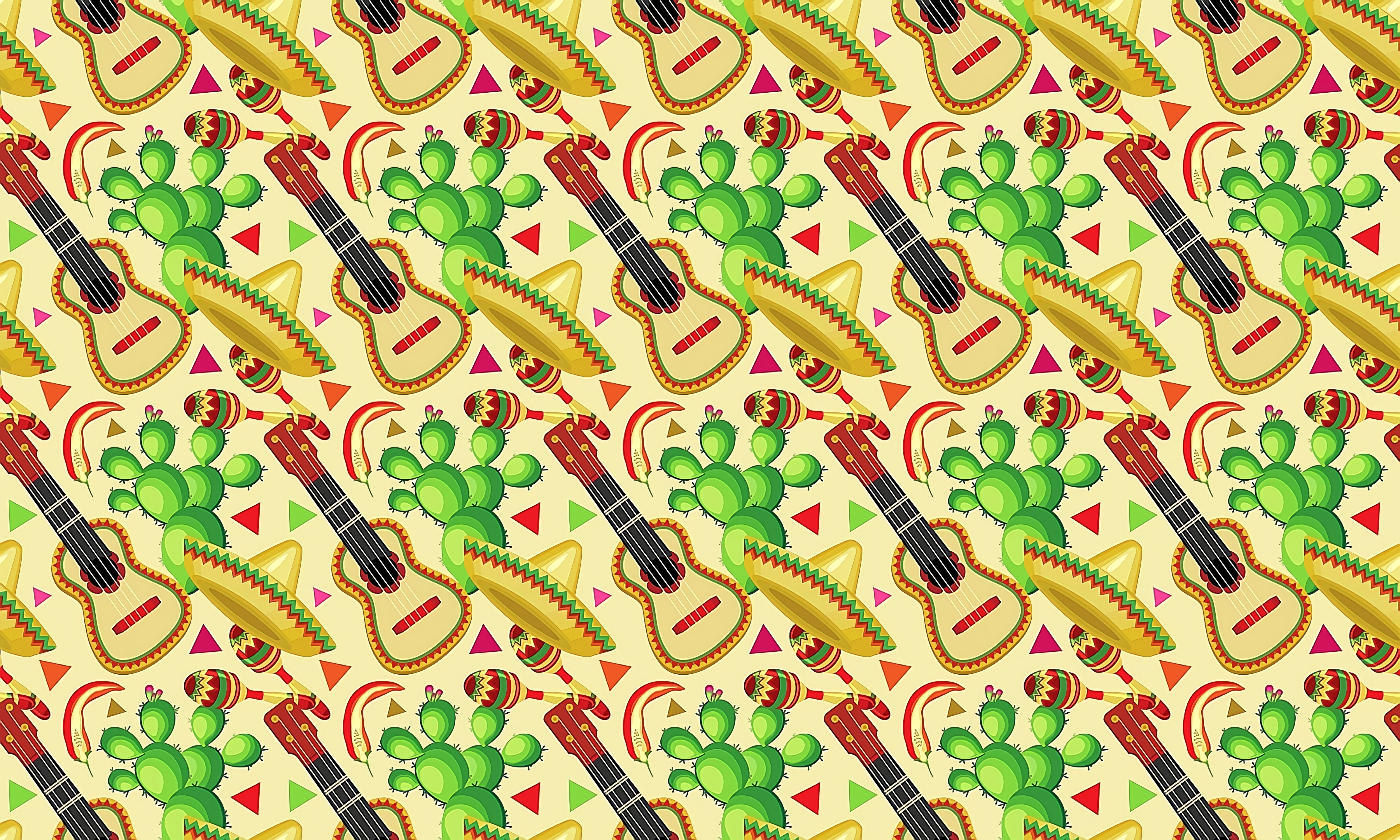 Download mobile wallpaper Sombrero, Mexican, Cactus, Pattern, Texture, Textures, Guitar for free.