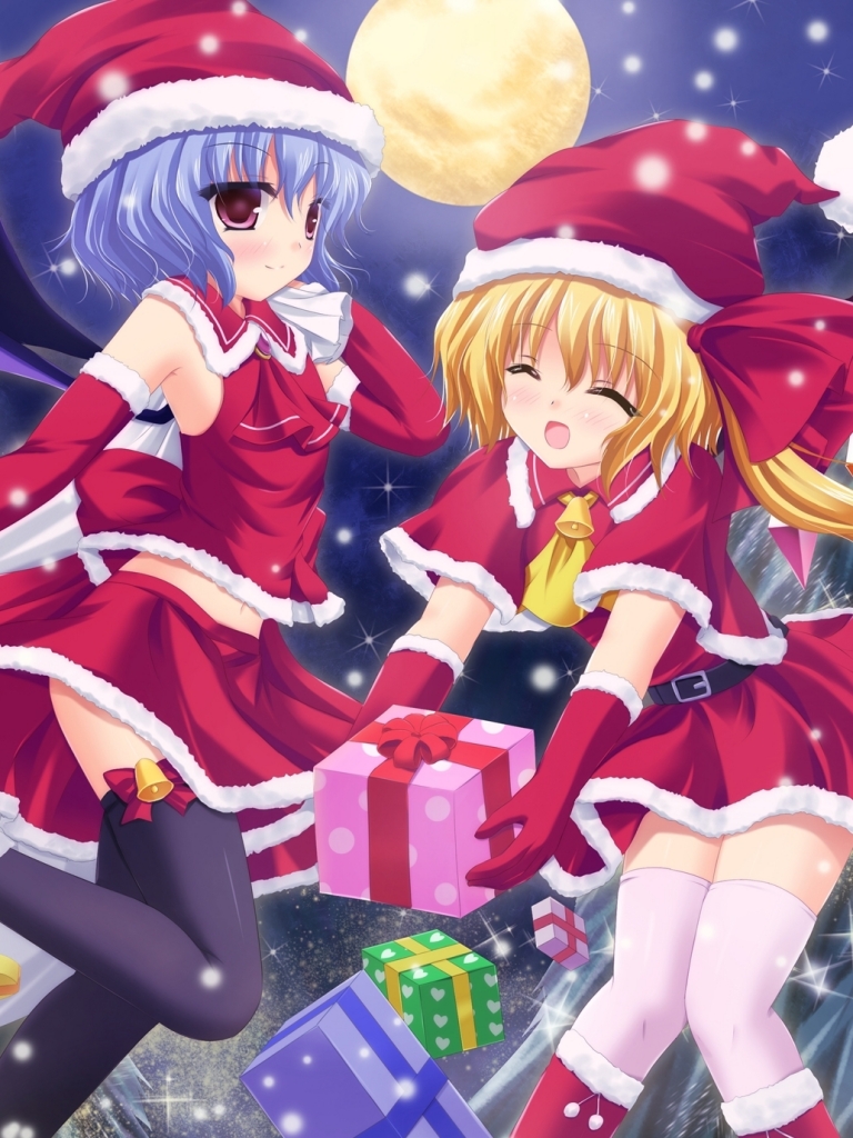 anime, touhou, christmas, remilia scarlet, flandre scarlet, shrine maiden HD wallpaper