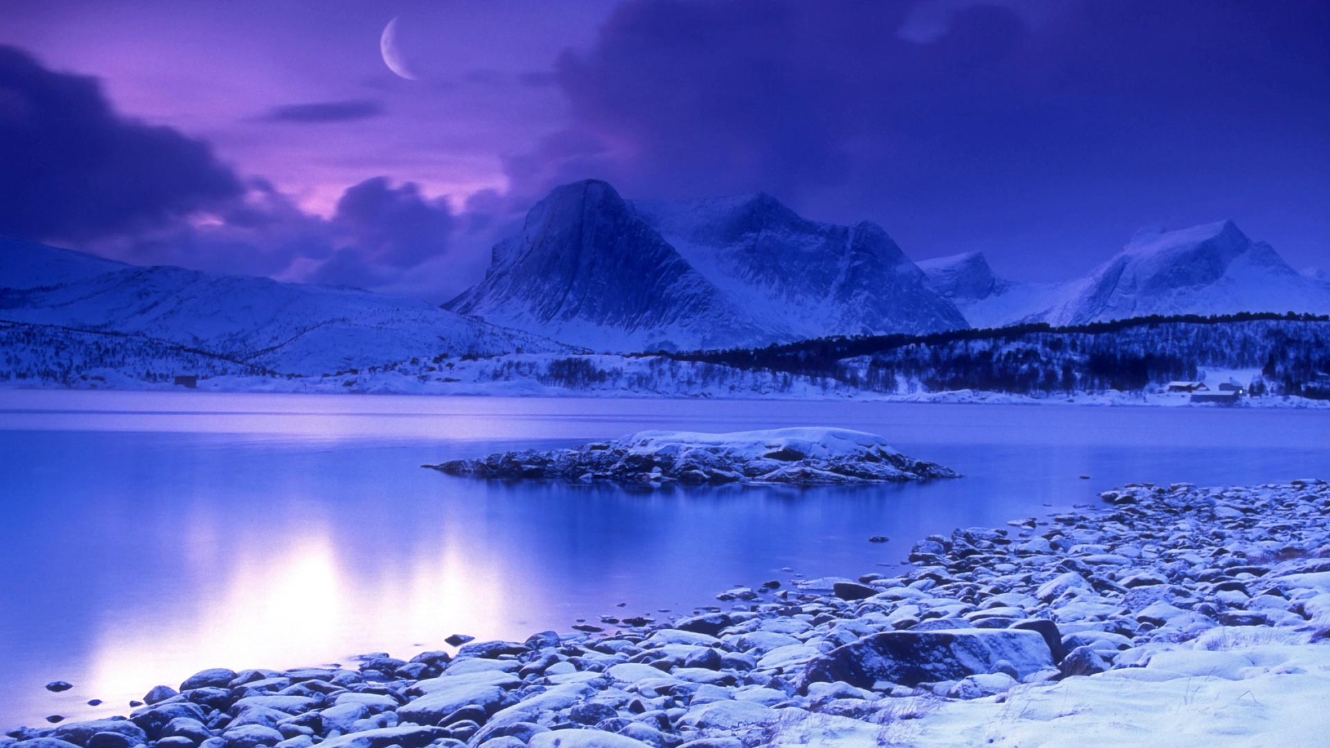 Download mobile wallpaper Landscape, Winter, Sunset, Sky, Moon, Snow, Mountain, Lake, Forest, Earth, Norway, Cloud for free.
