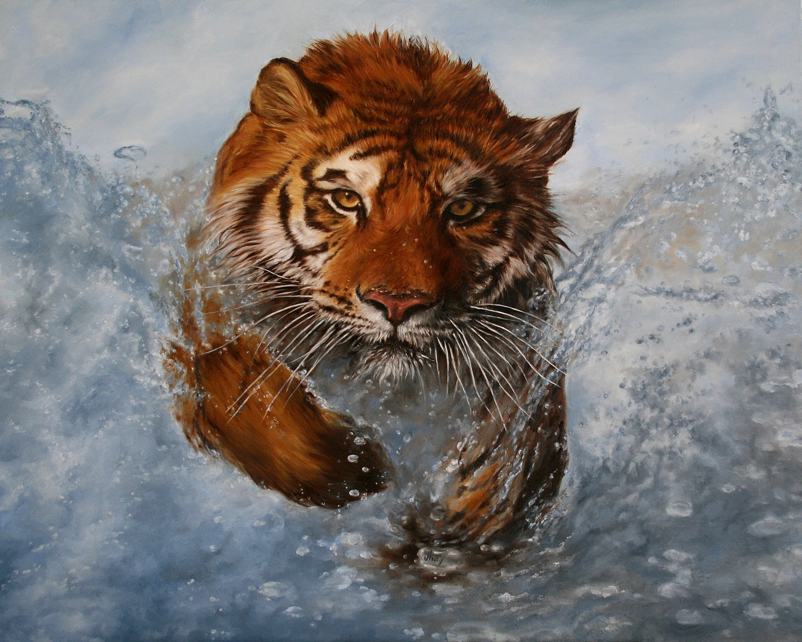 Download mobile wallpaper Water, Tiger, Painting, Artistic, Running for free.
