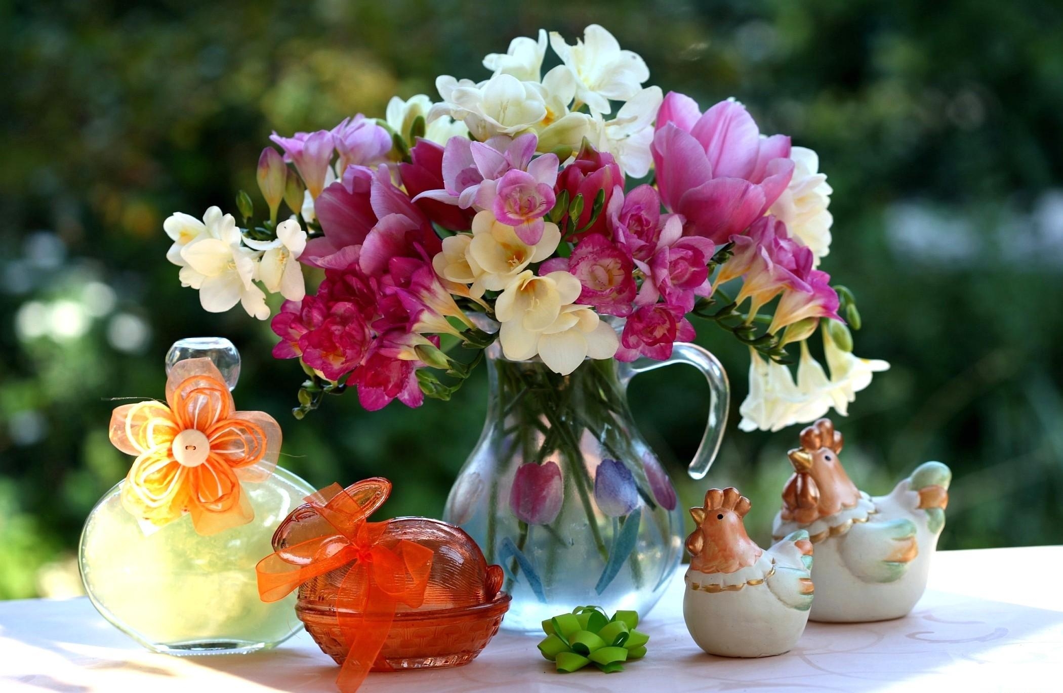 figurines, flowers, tulips, decorations, bouquet, jug, figures, freesia 4K Ultra