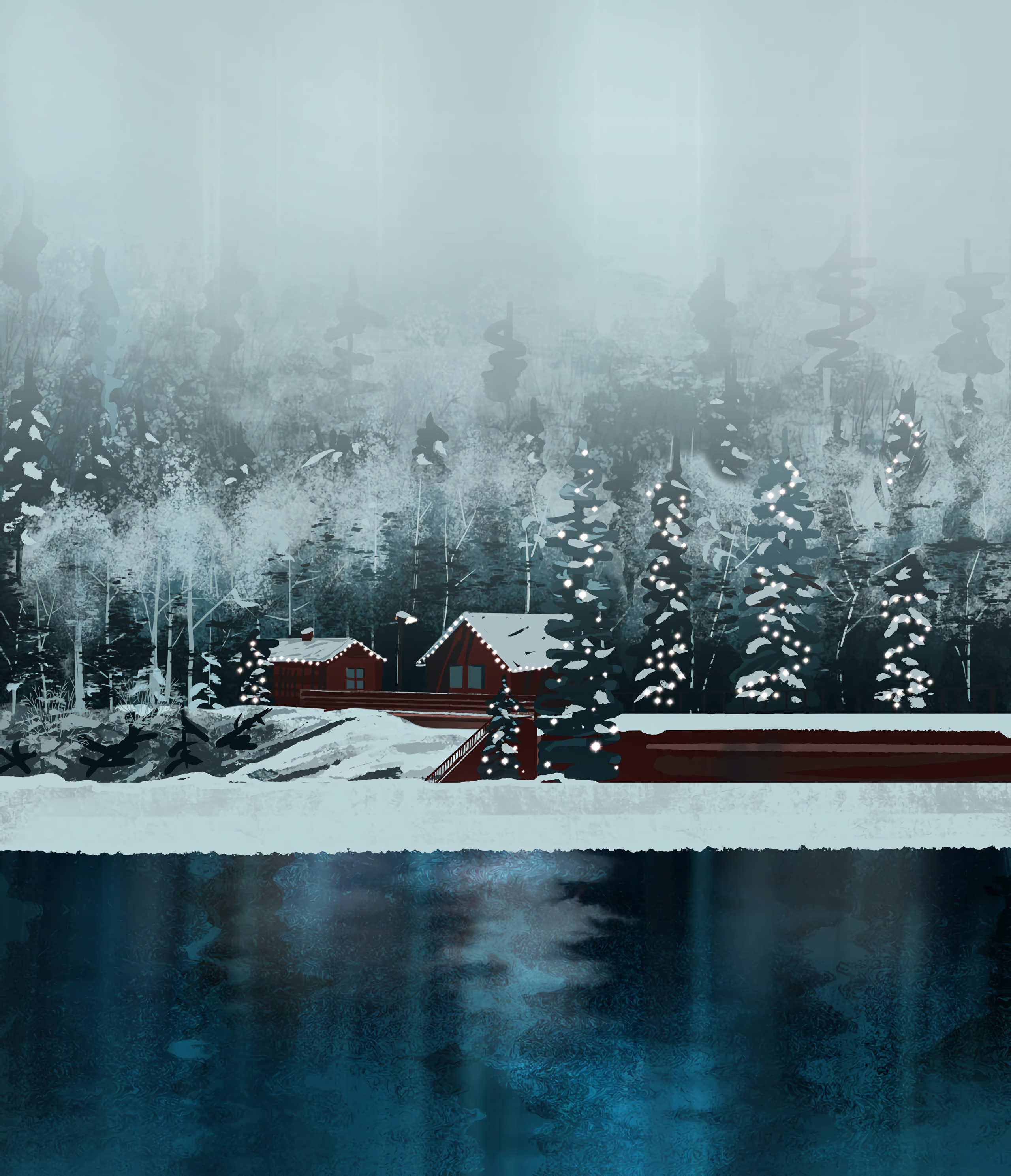 snow, forest, winter, art, lake, house