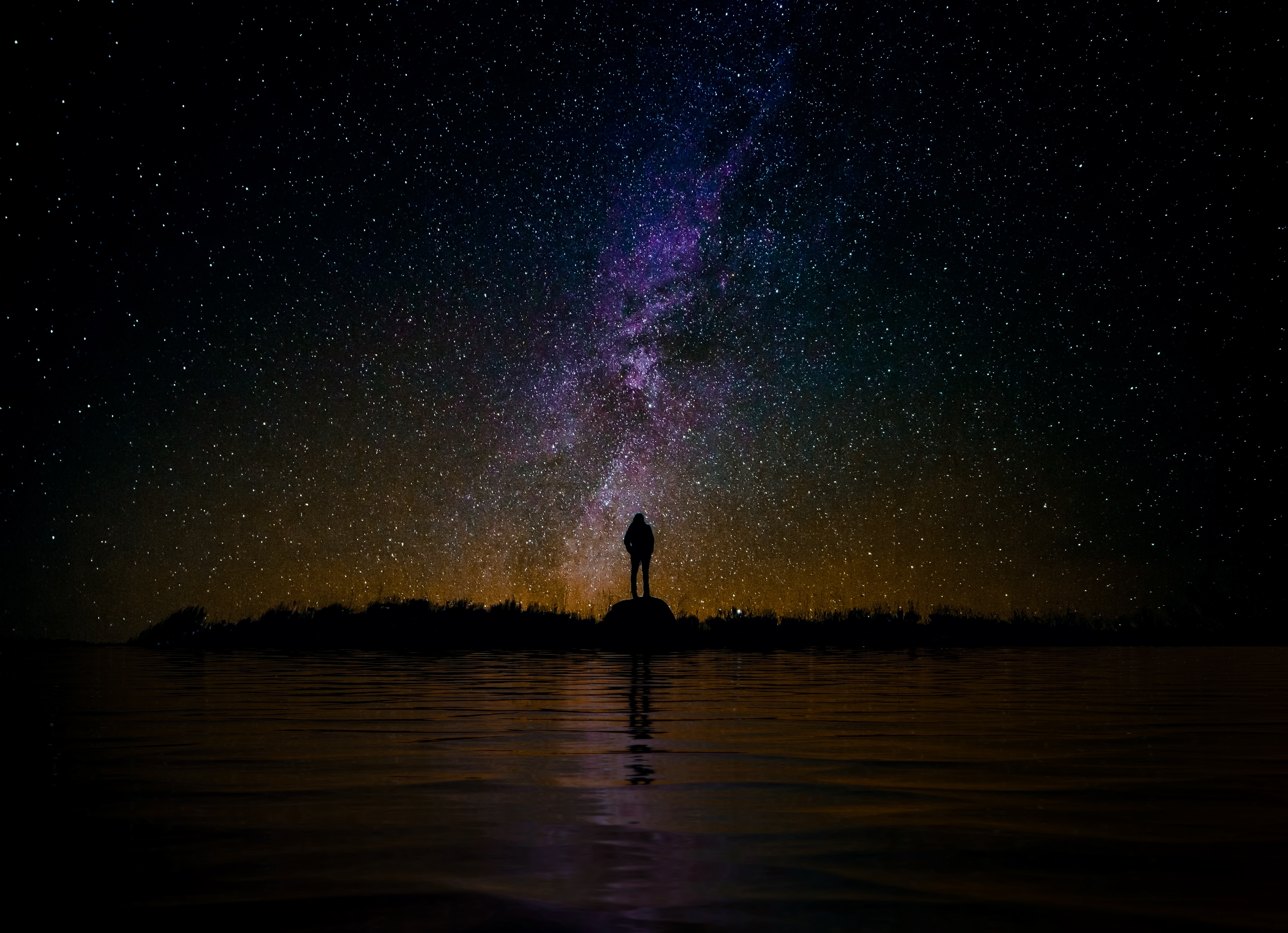 Download mobile wallpaper Reflection, Seclusion, Night, Privacy, Loneliness, Silhouette, Starry Sky, Dark for free.