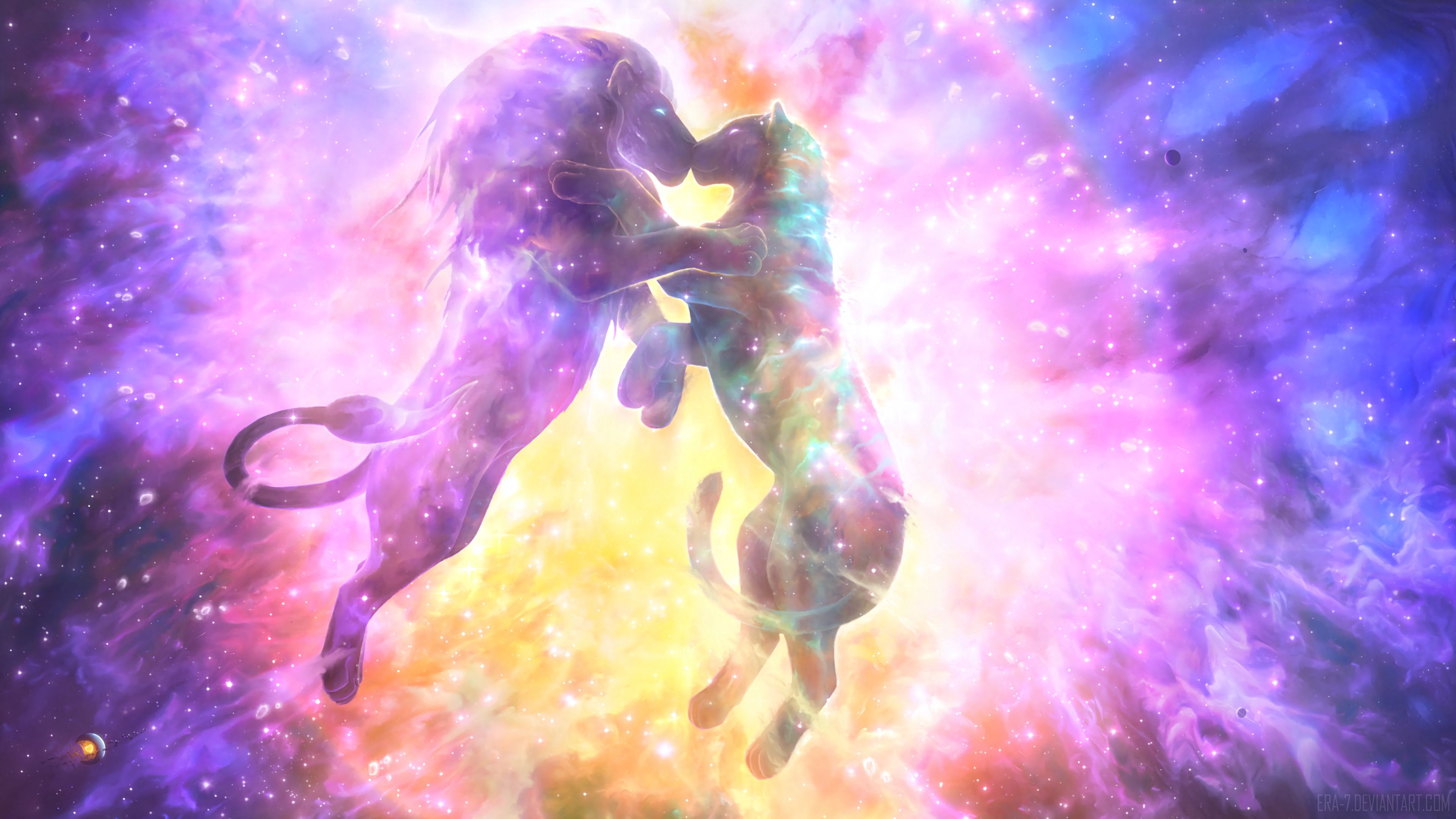 Download mobile wallpaper Starry Sky, Silhouettes, Lioness, Lion, Universe, Art, Kiss for free.