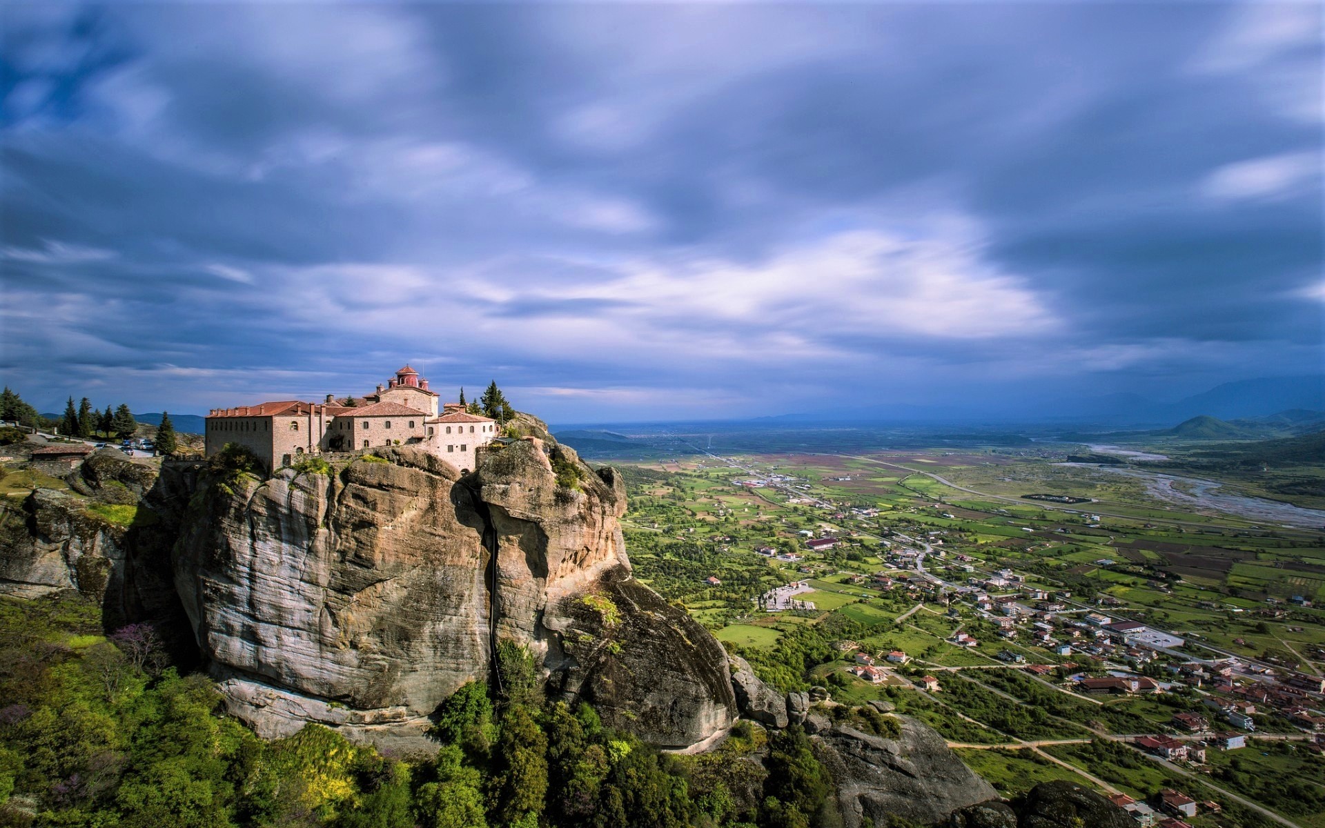 panorama, religious, meteora, building, city, cliff, greece, monastery, mountain, valley iphone wallpaper