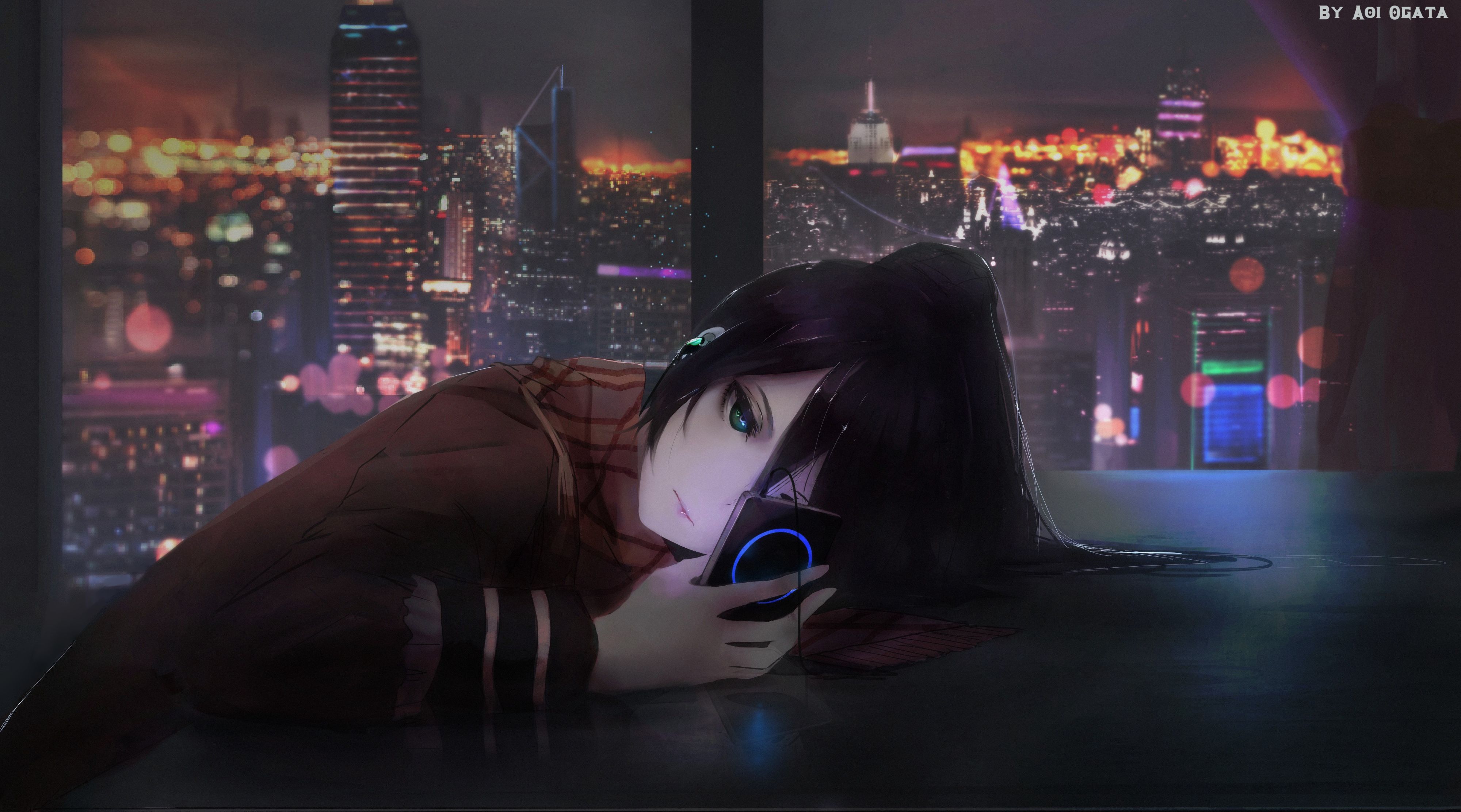 Аниме девушка на фоне города ночного