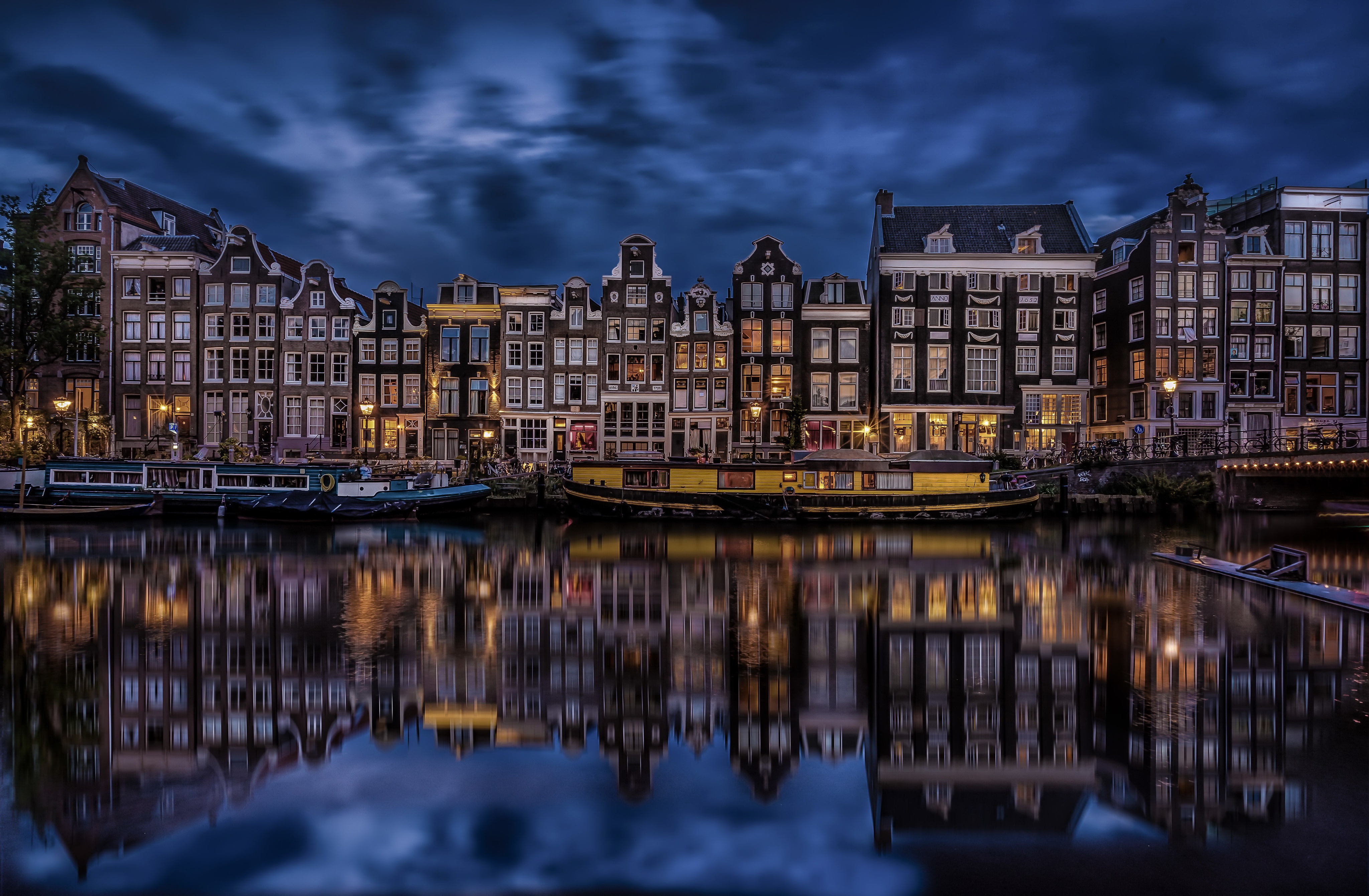 amsterdam, netherlands, house, reflection, man made, boat, canal, light, night, cities