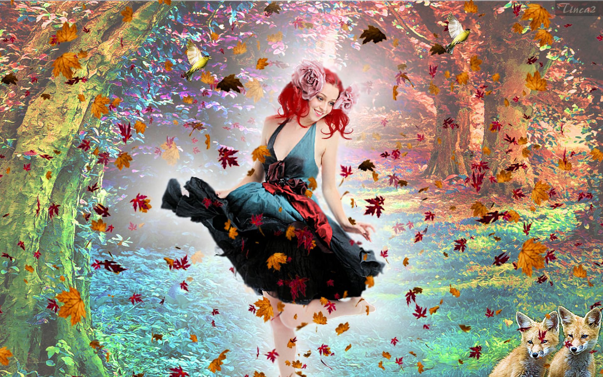 Download mobile wallpaper Fantasy, Fox, Leaf, Fall, Dress, Women, Red Hair, Dancing for free.
