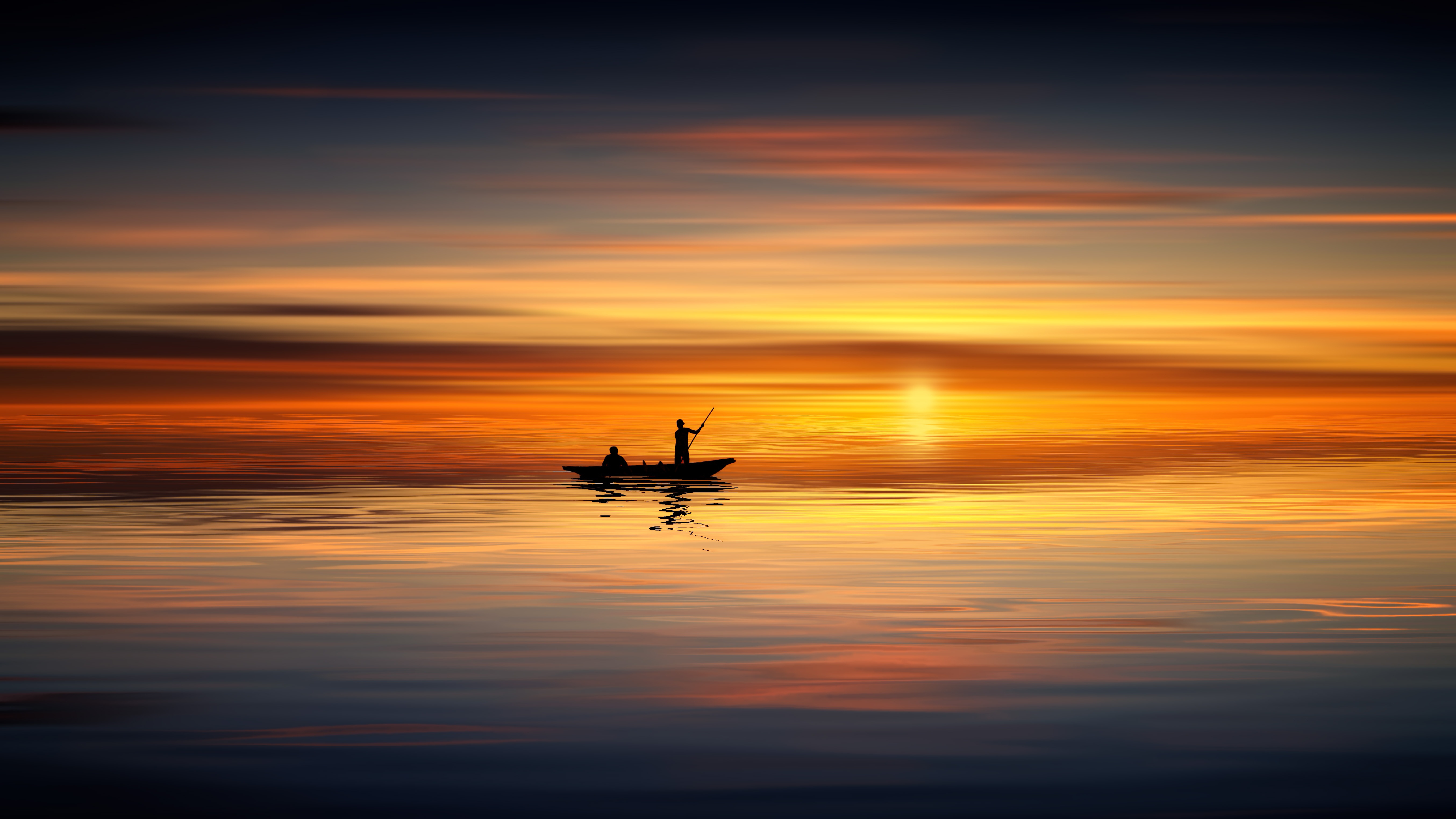 Download mobile wallpaper Horizon, Sea, Sunset, Boat, Silhouettes, Nature for free.