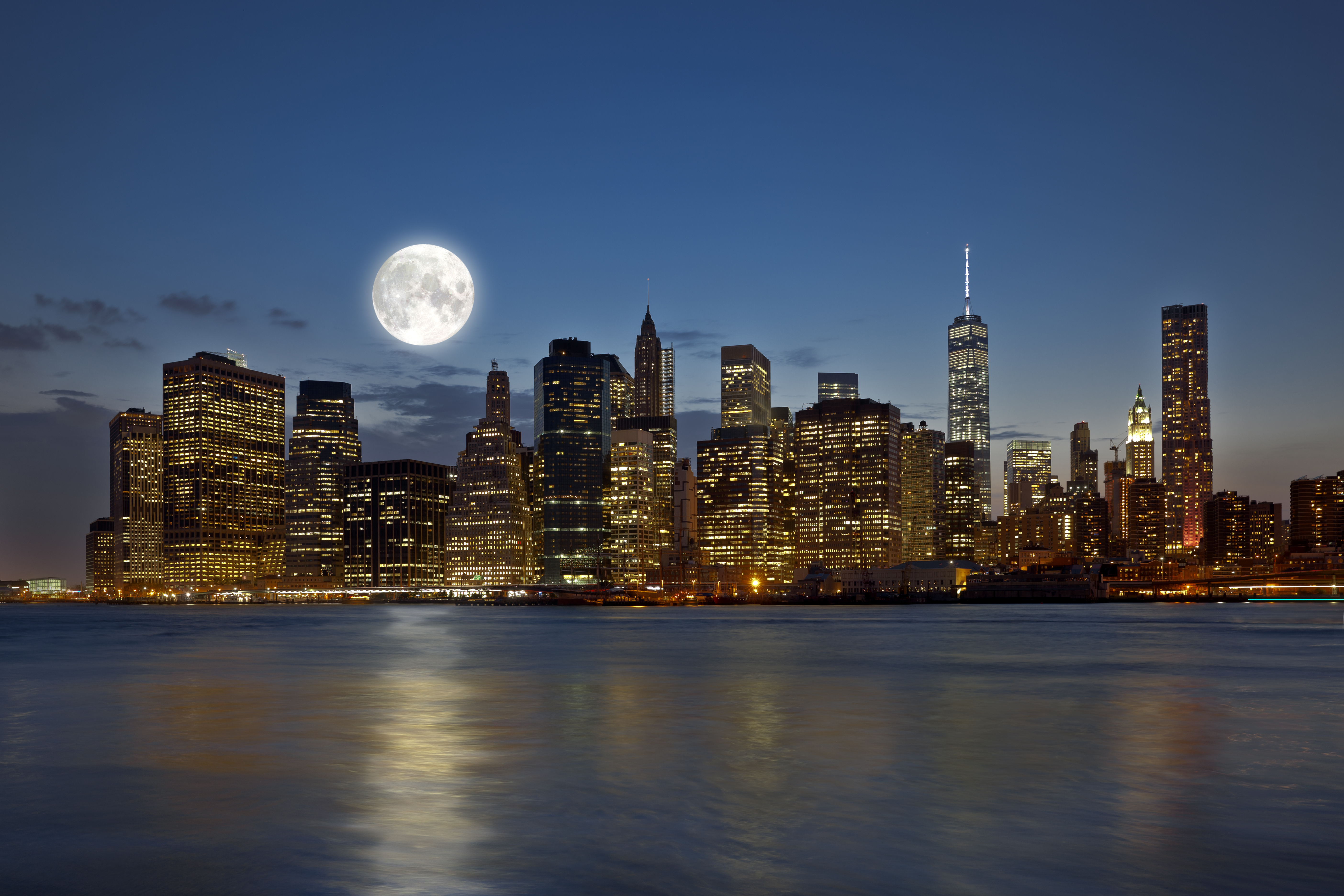 482389 скачать картинку луна, сделано человеком, манхэттен, город, полнолуние, нью йорк, ночь, города - обои и заставки бесплатно