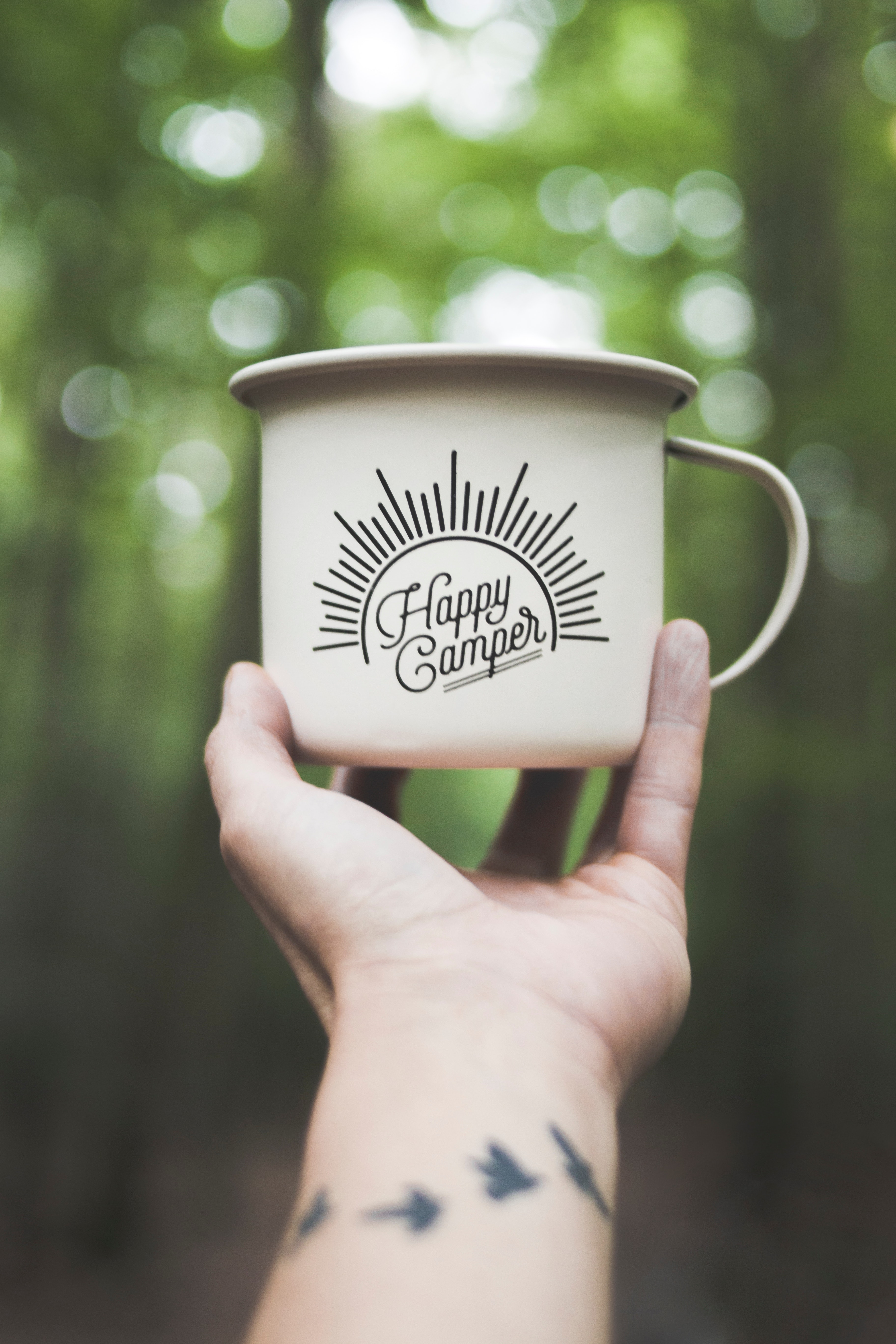 Download mobile wallpaper Hand, Mug, Cup, Campsite, Inscription, Camping, Words for free.