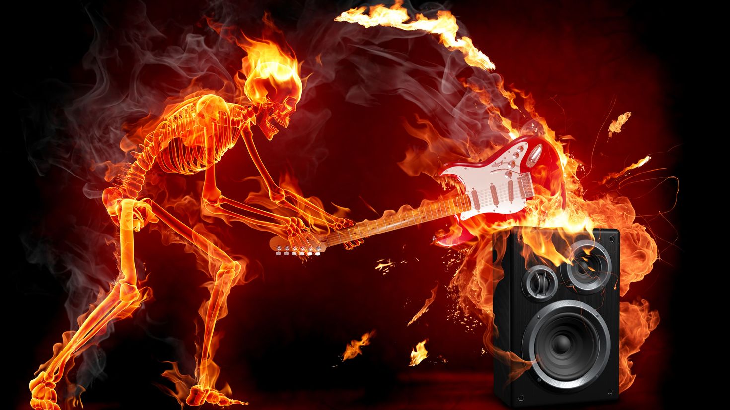 Веселый и злой песня. Огненный скелет. Огненные картинки на рабочий стол. Огненный скелет с гитарой. Рок картинки.