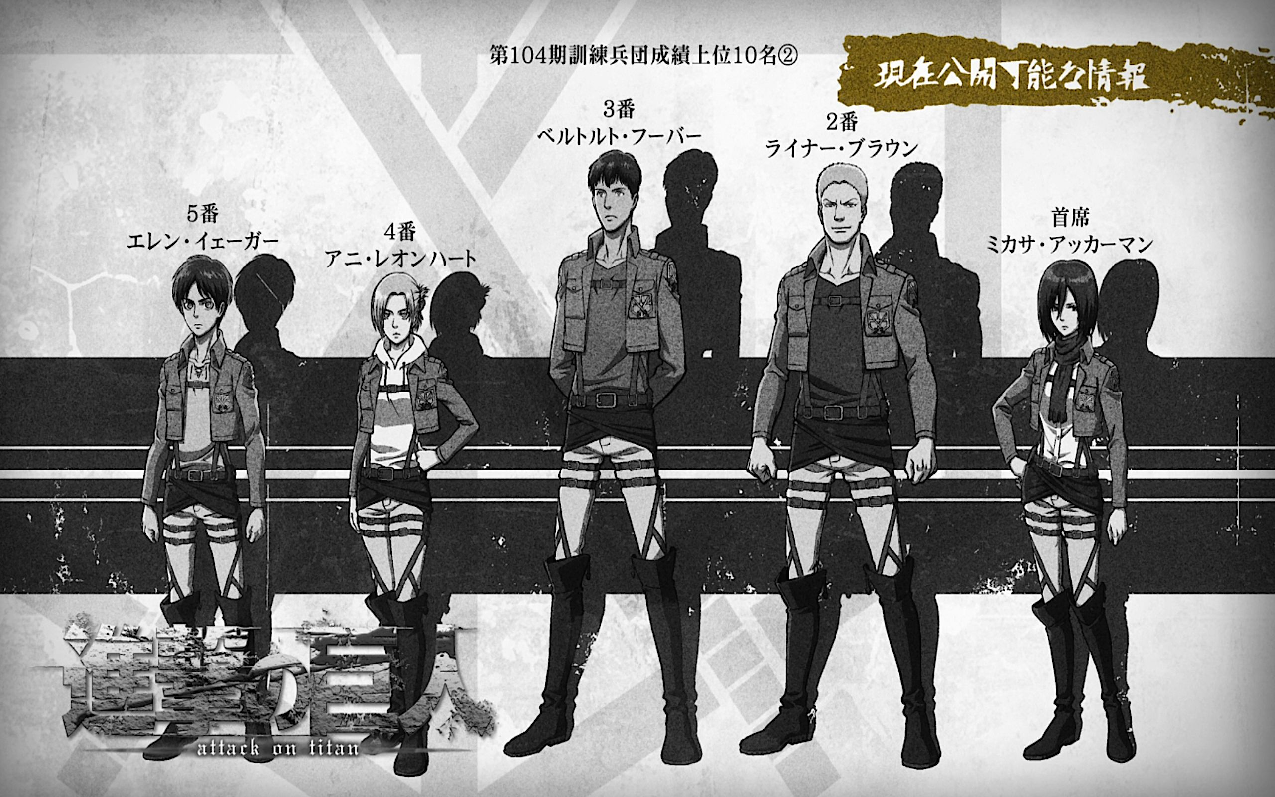 anime, attack on titan, 104th trainees squad, annie leonhart, bertolt hoover, eren yeager, mikasa ackerman, reiner braun, shingeki no kyojin cellphone