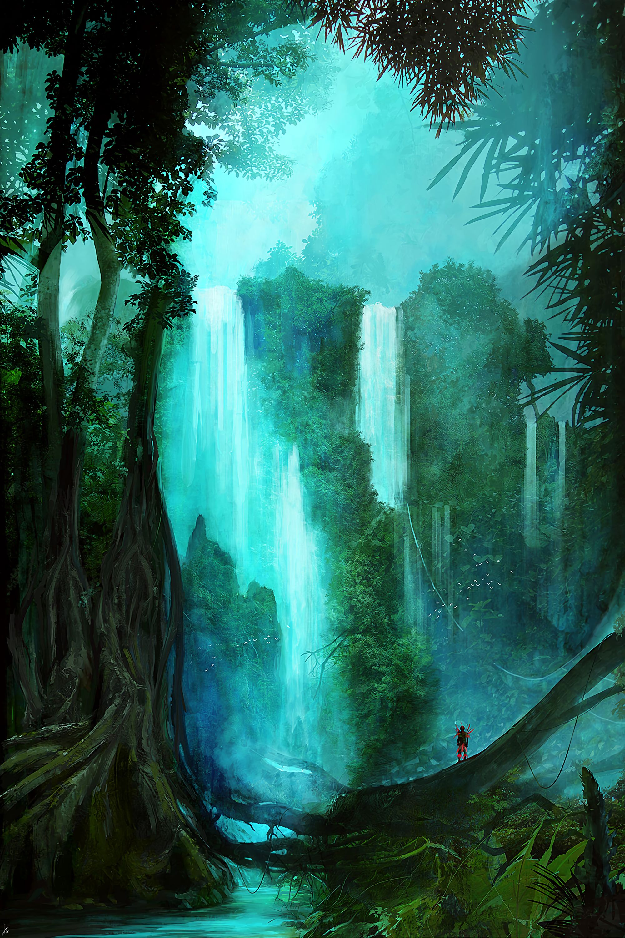 trees, art, silhouette, waterfall, forest 4K Ultra