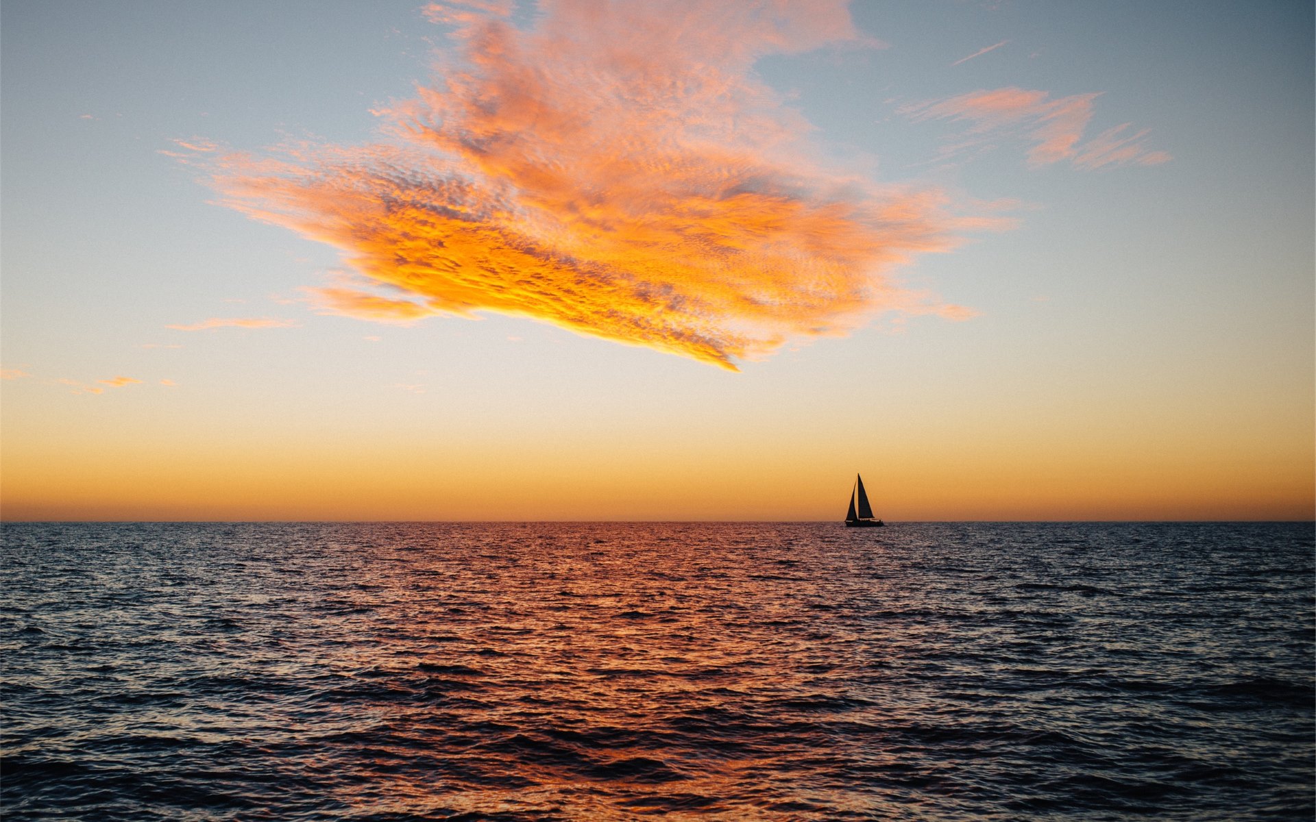 Download mobile wallpaper Water, Sunset, Sky, Ocean, Boat, Sailboat, Cloud, Photography for free.