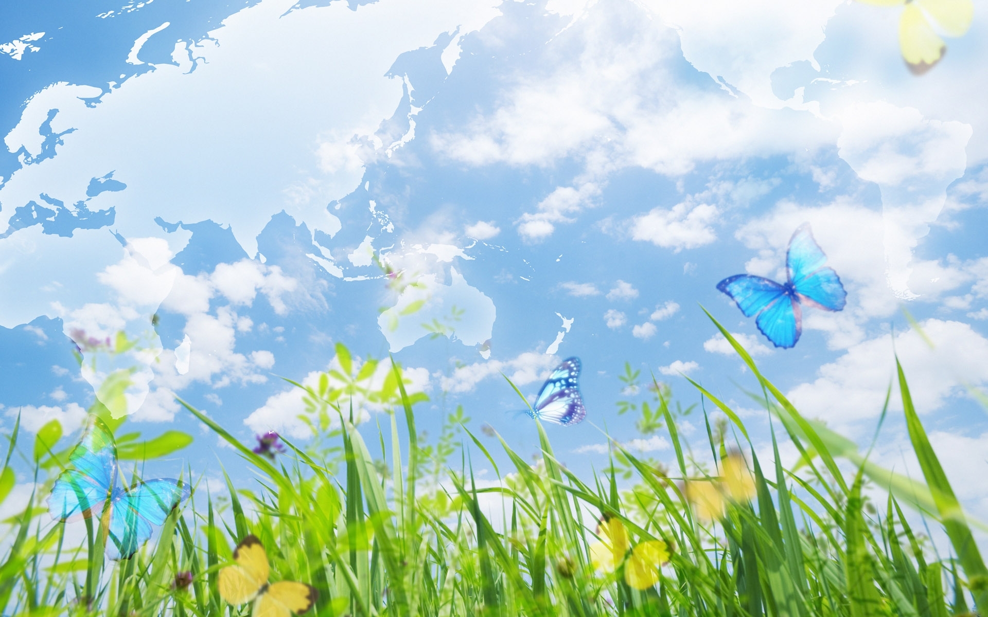 Handy-Wallpaper Landschaft, Grass, Sky, Schmetterlinge kostenlos herunterladen.