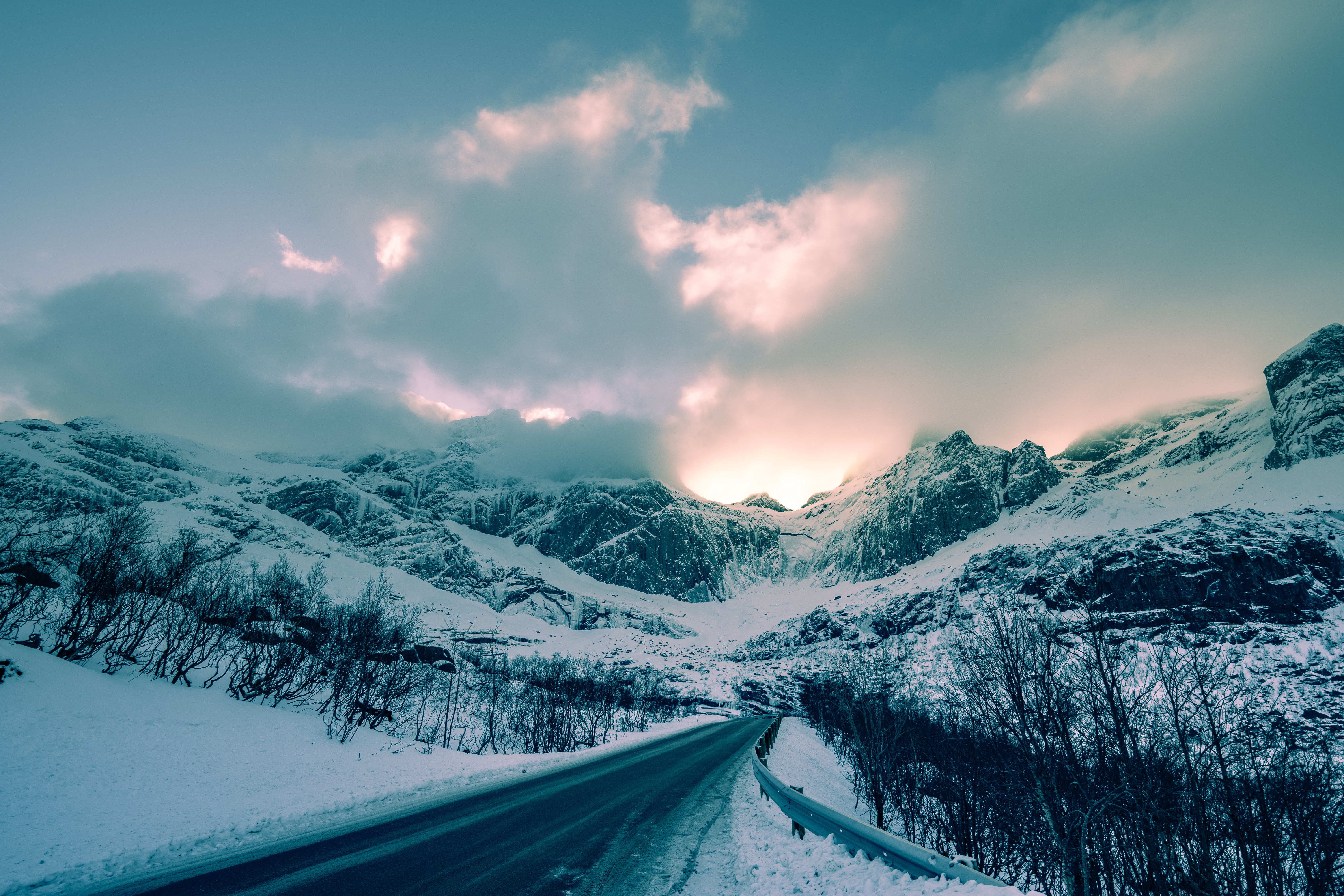 norway, winter, nature, mountains, clouds, snow, road UHD