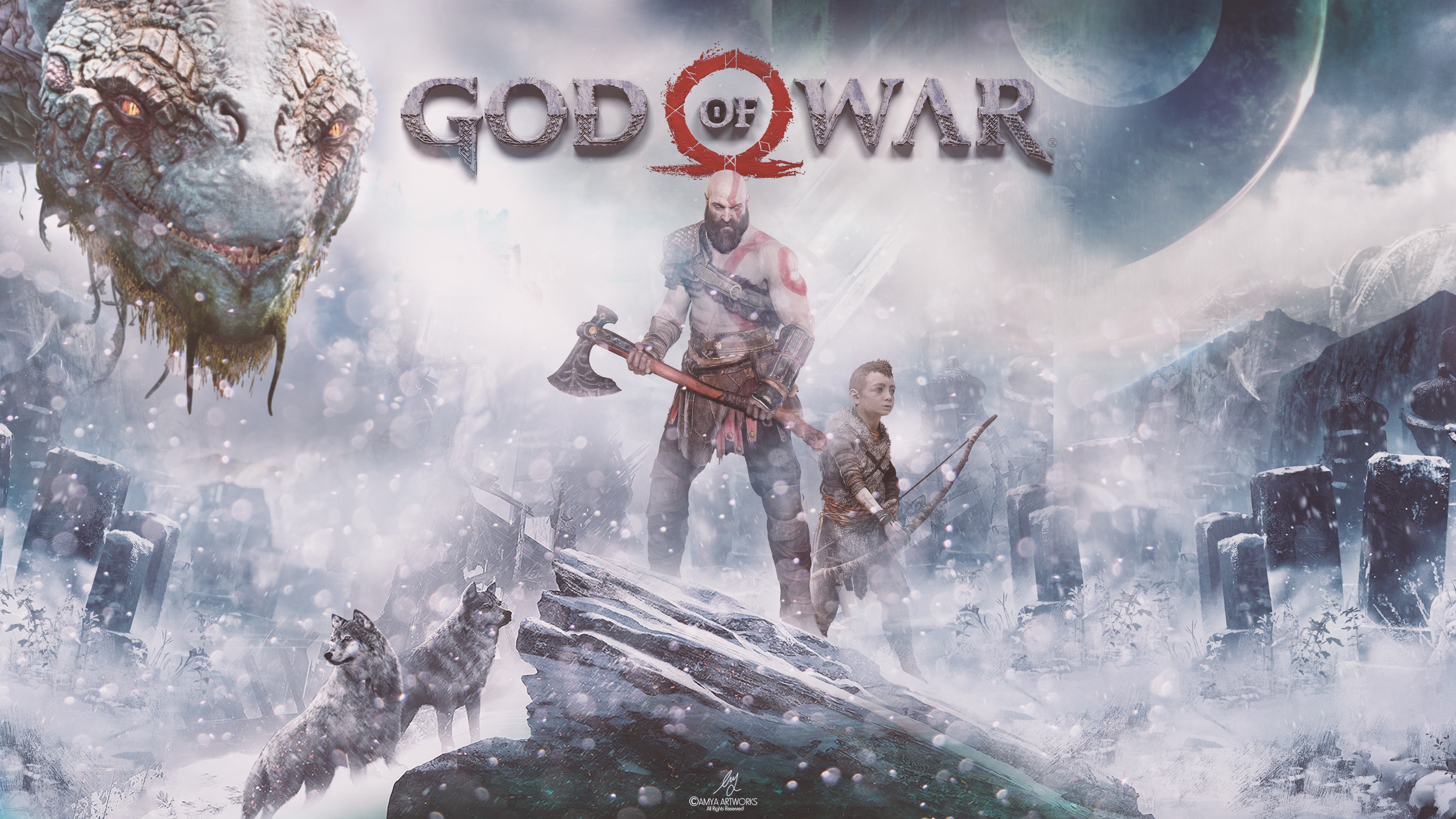 sea monster, kratos (god of war), god of war, video game, god of war (2018), archer, atreus (god of war), axe, bald, wolf Desktop Wallpaper