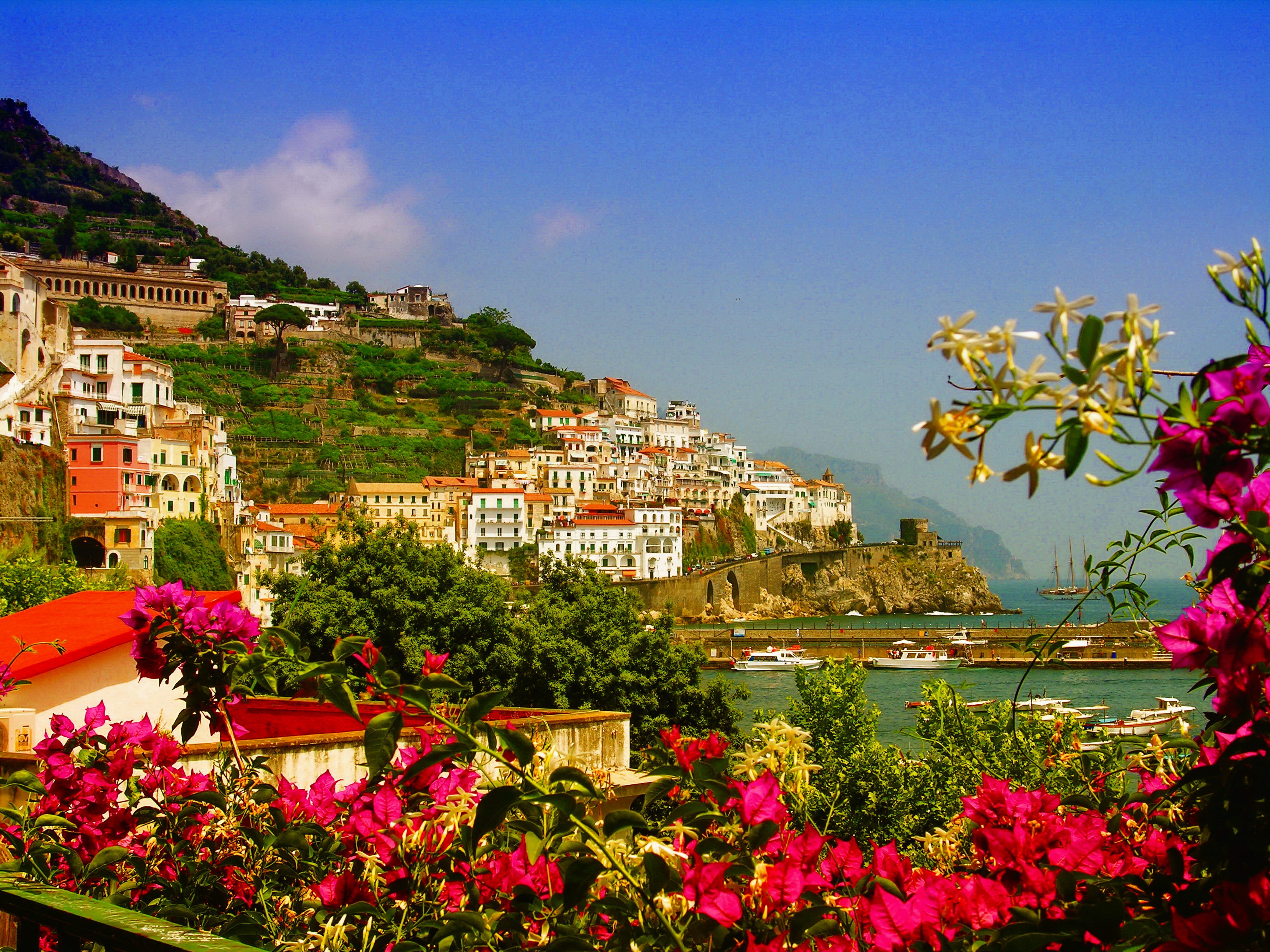 man made, amalfi, boat, flower, house, italy, ocean, towns