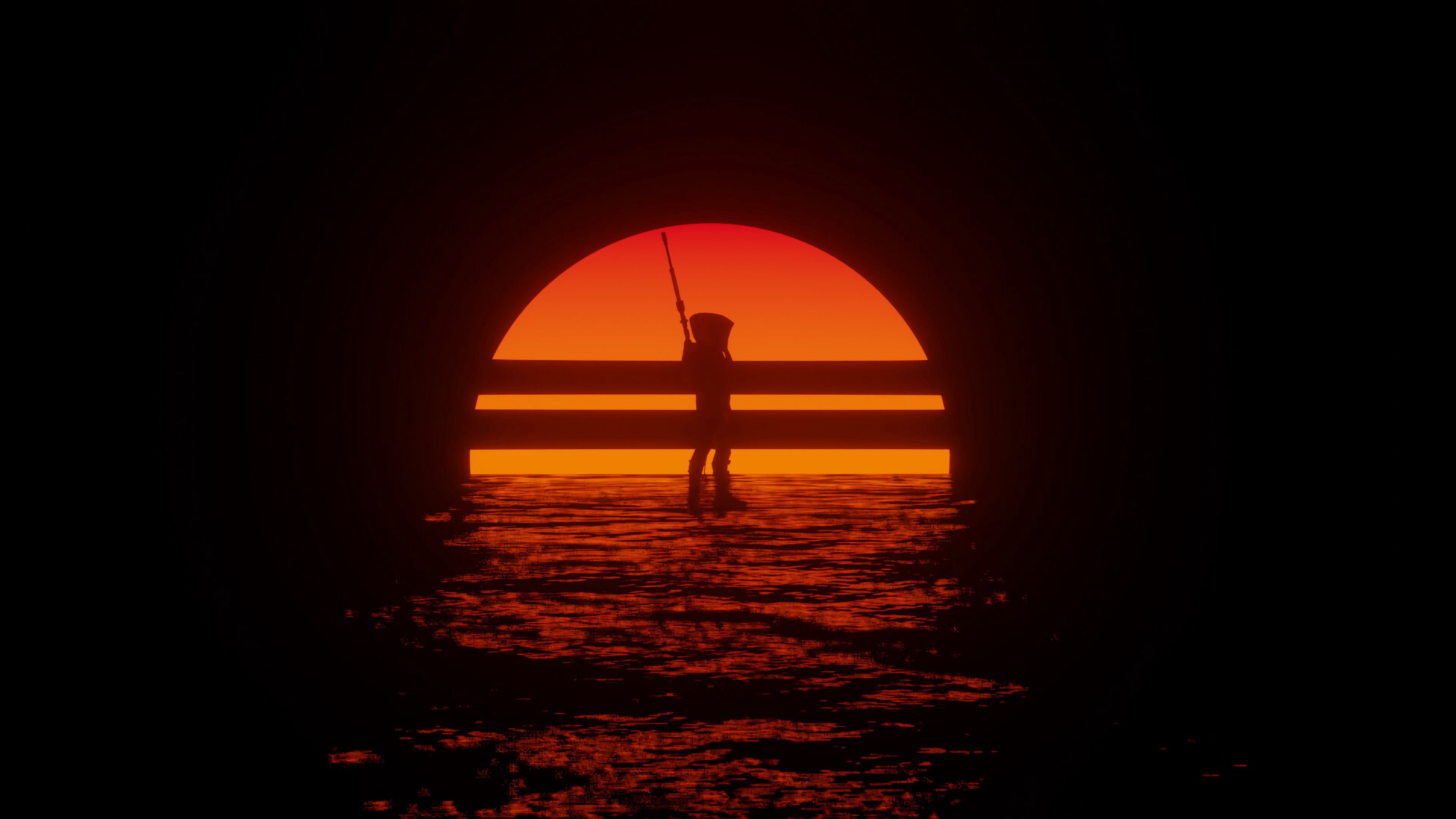 Download mobile wallpaper Sunset, Silhouette, Cyborg, Art for free.