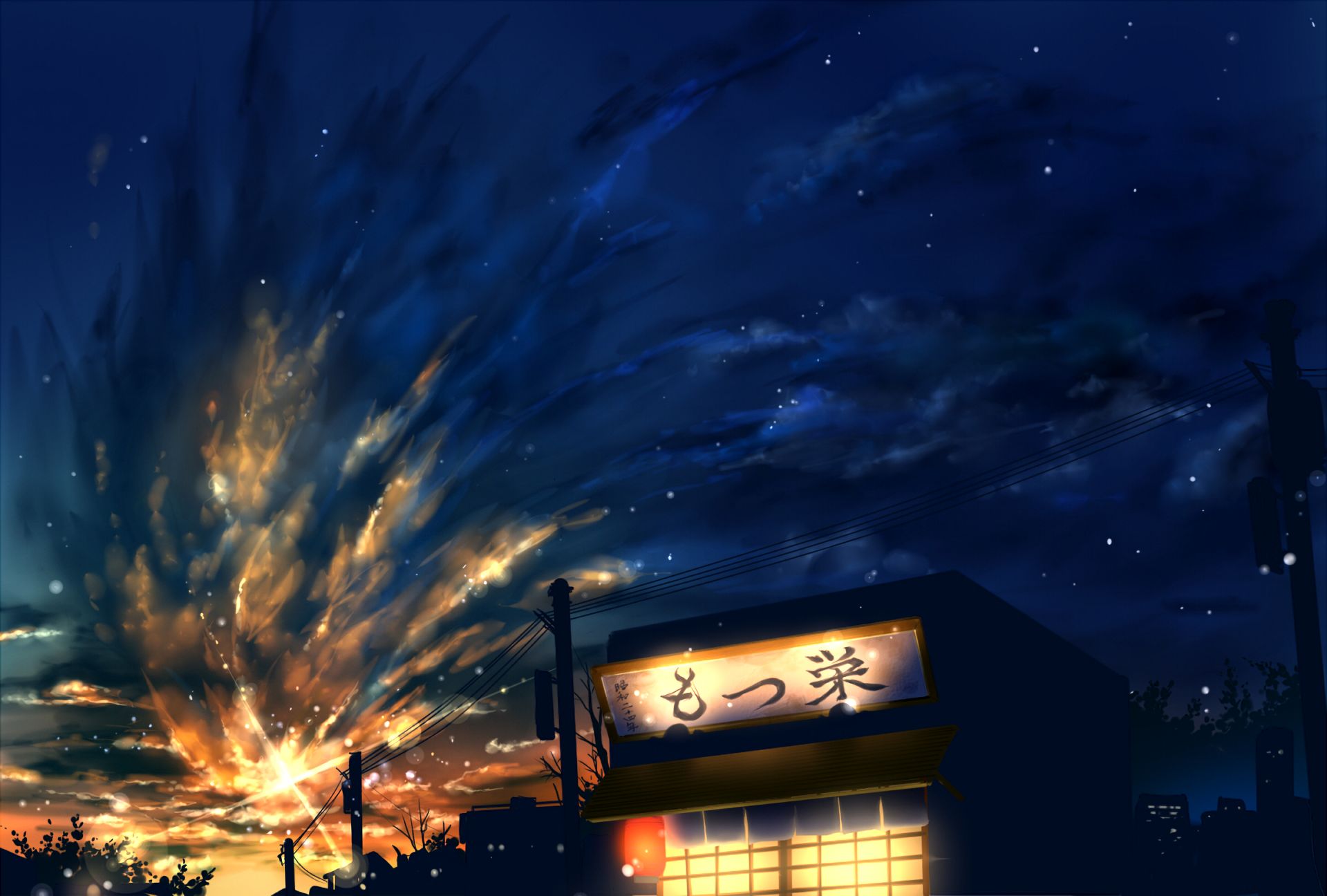 Download mobile wallpaper Anime, Stars, Night, Light, Lantern, Sign, Store, Japanese, Original for free.
