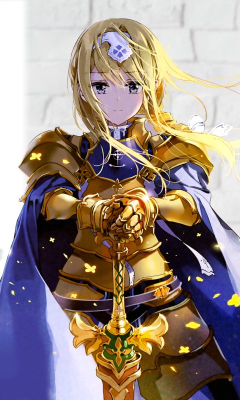 vertical wallpaper anime, sword art online: alicization, armor, sword, cloak, long hair, blonde, alice zuberg, sword art online