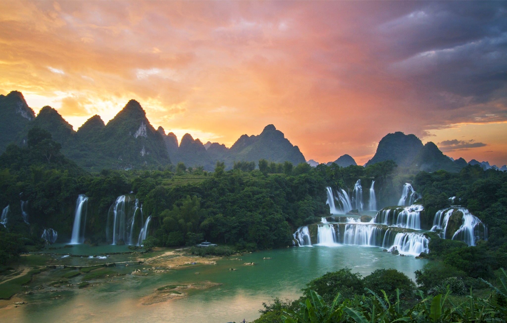 vietnam, ban gioc waterfall, ban gioc detian falls, earth, guichin river, mountain, quây sơn river, sunset, waterfalls