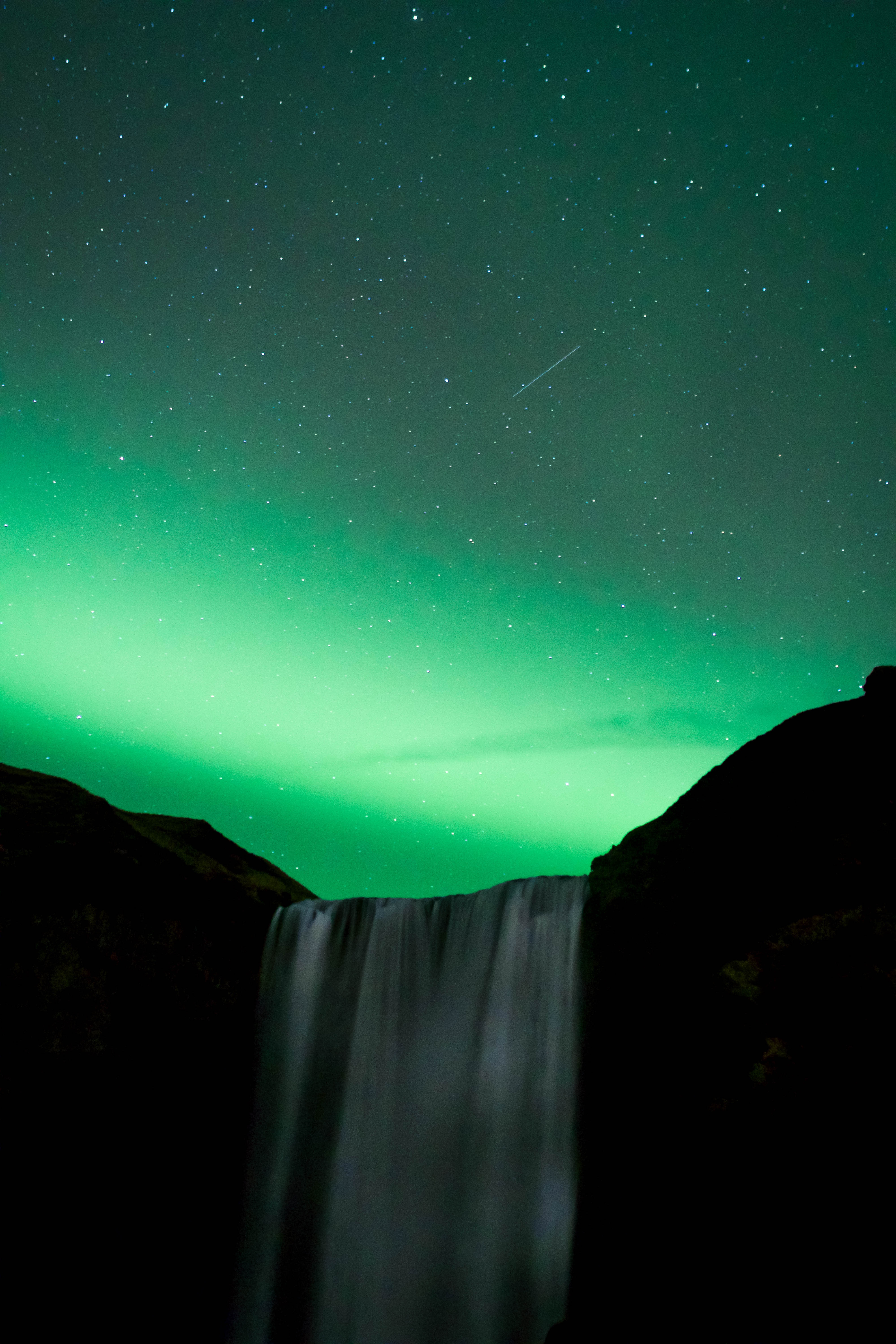 northern lights, green, nature, sky, stars, night, waterfall, aurora borealis wallpaper for mobile