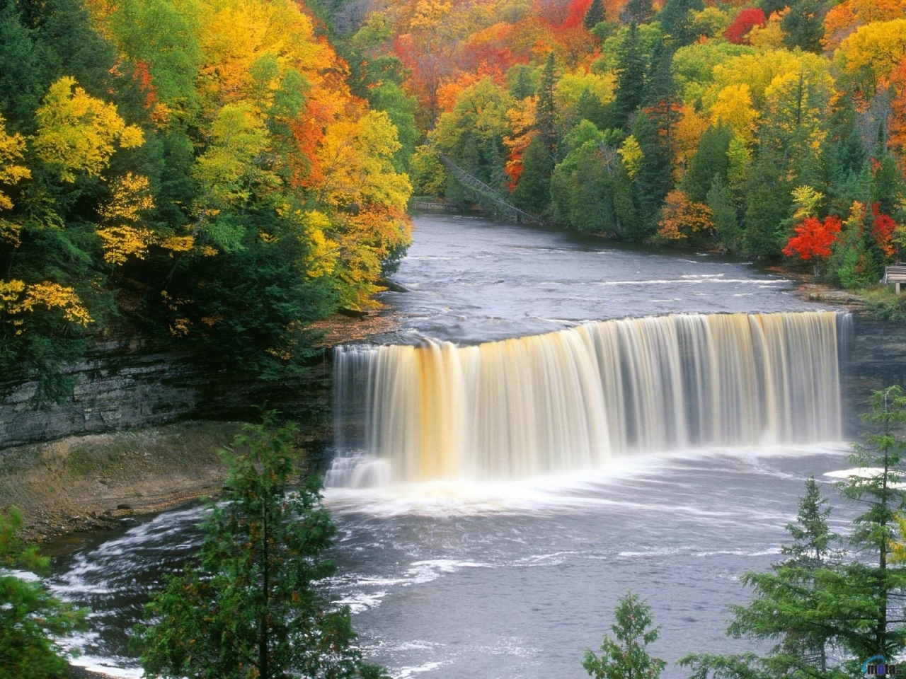 waterfalls, rivers, landscape, trees, autumn