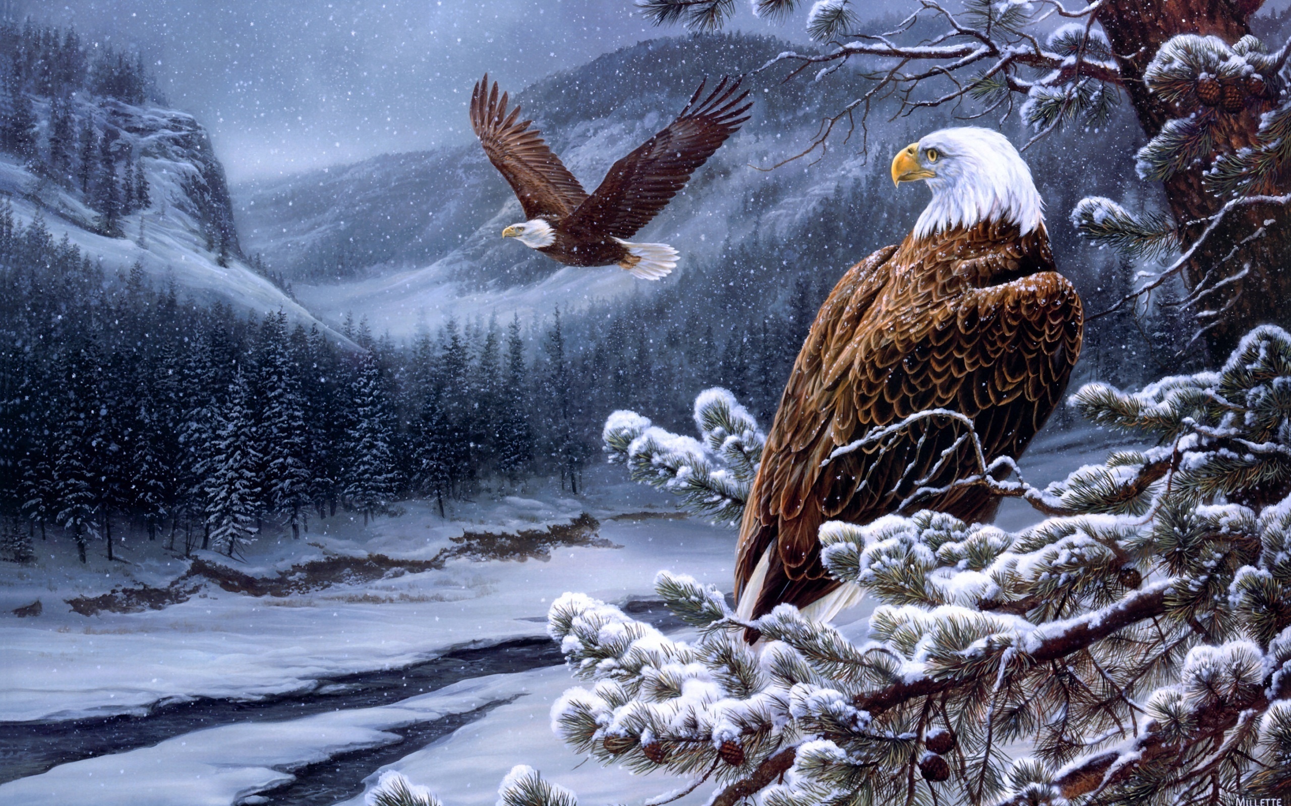 Horizontal Wallpaper animal, painting, birds, bald eagle, bird, eagle, winter