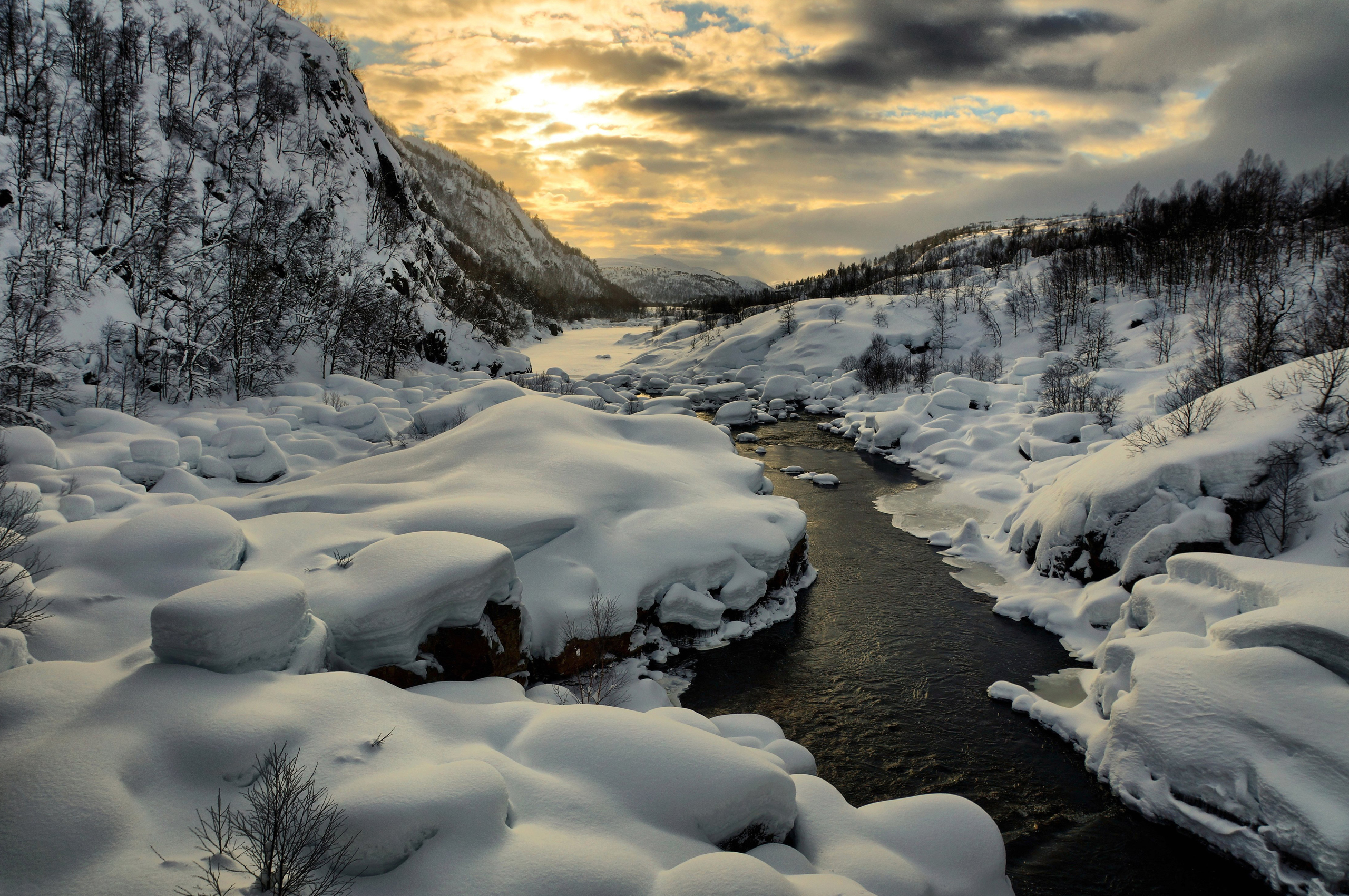 river, winter, snow, earth, stream, mountain