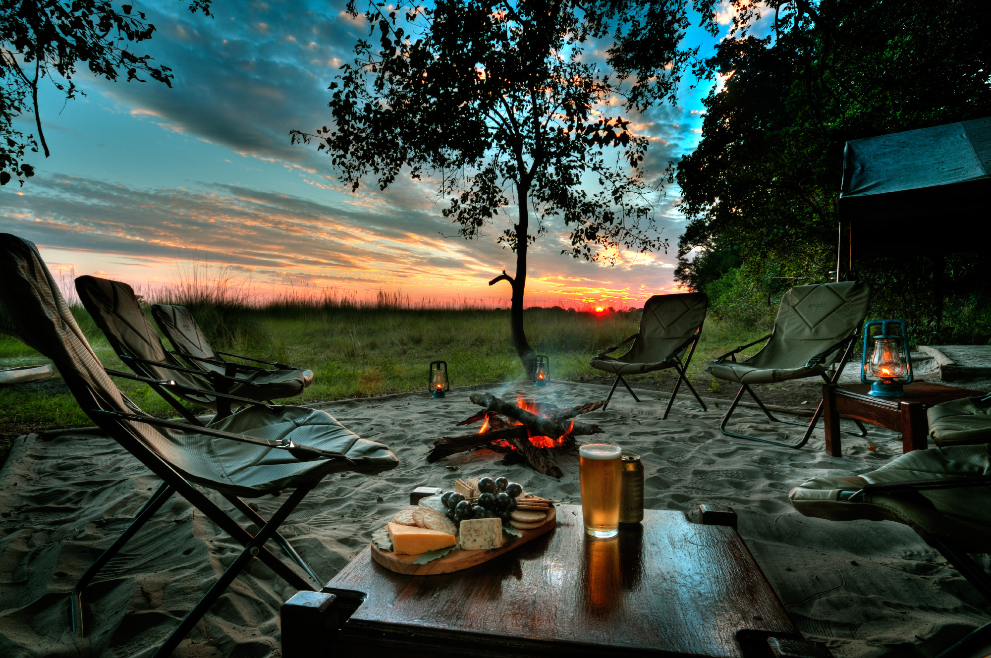 beer, camping, bonfire, photography, chair, food, lantern, sunset, tree UHD