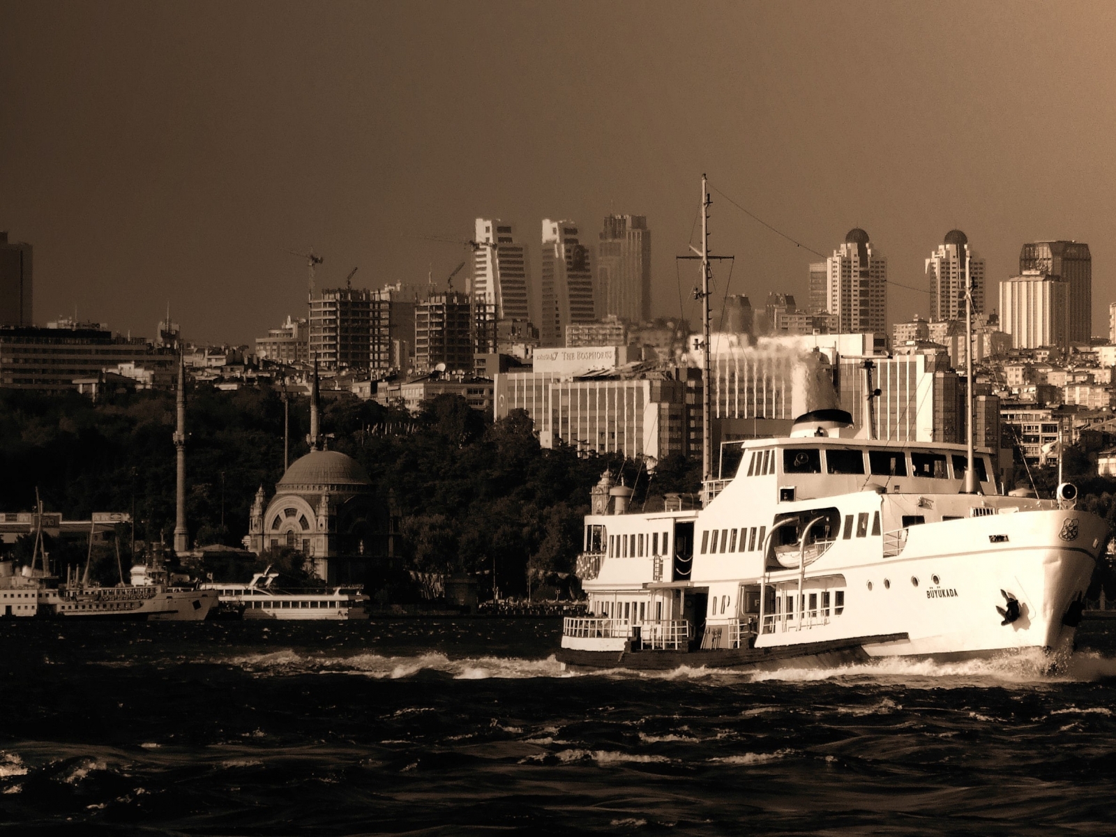 vehicles, ferry, architecture, black & white, building, city, cityscape, turkey download HD wallpaper