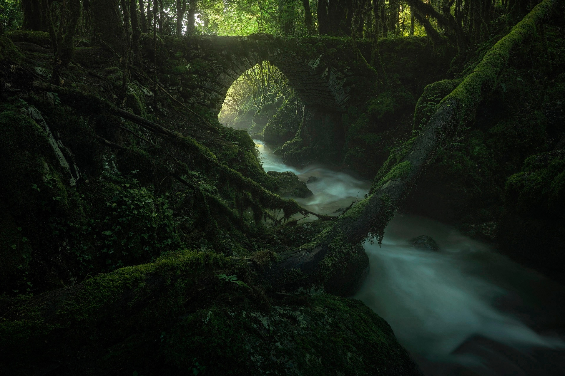 Free download wallpaper Nature, Earth, Bridge, Moss, Stream on your PC desktop
